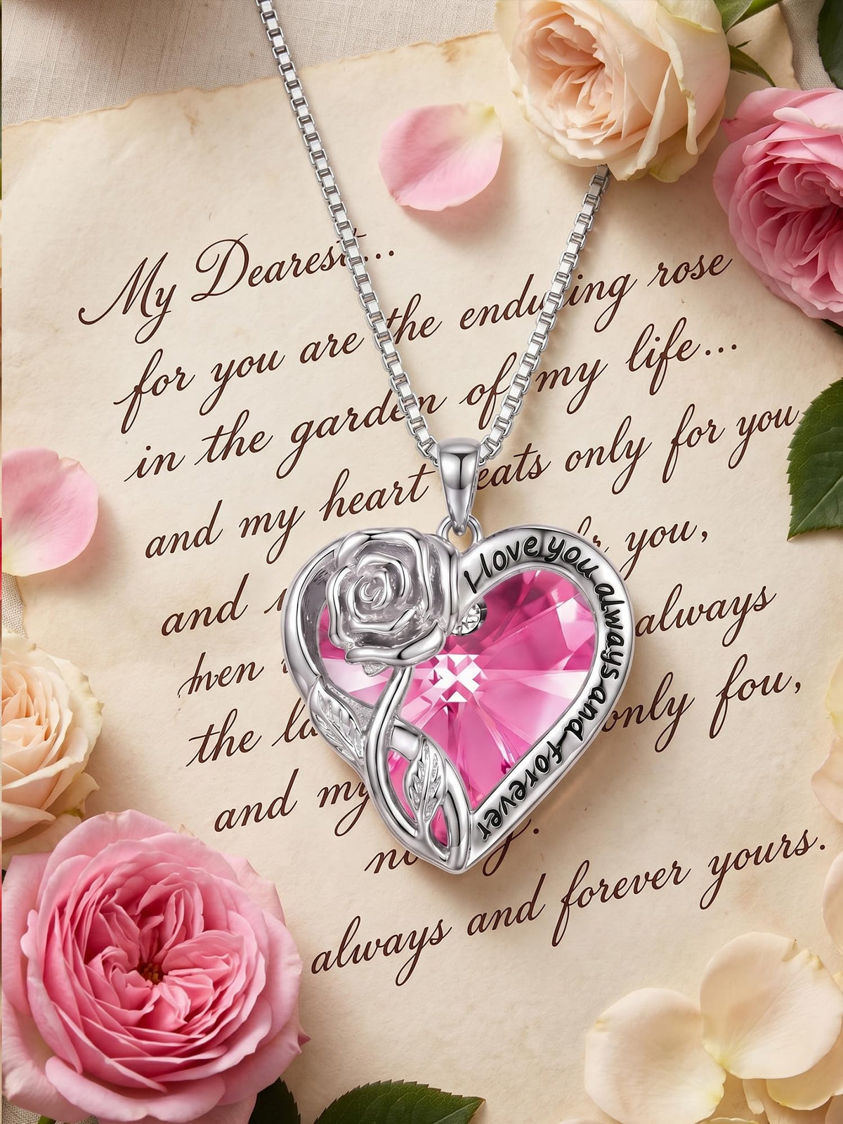 OCJ Birthstone Necklace for Women 925 Sterling Silver Rose Flower Heart Crystal Pendant Necklaces Fine Jewelry Anniversa
