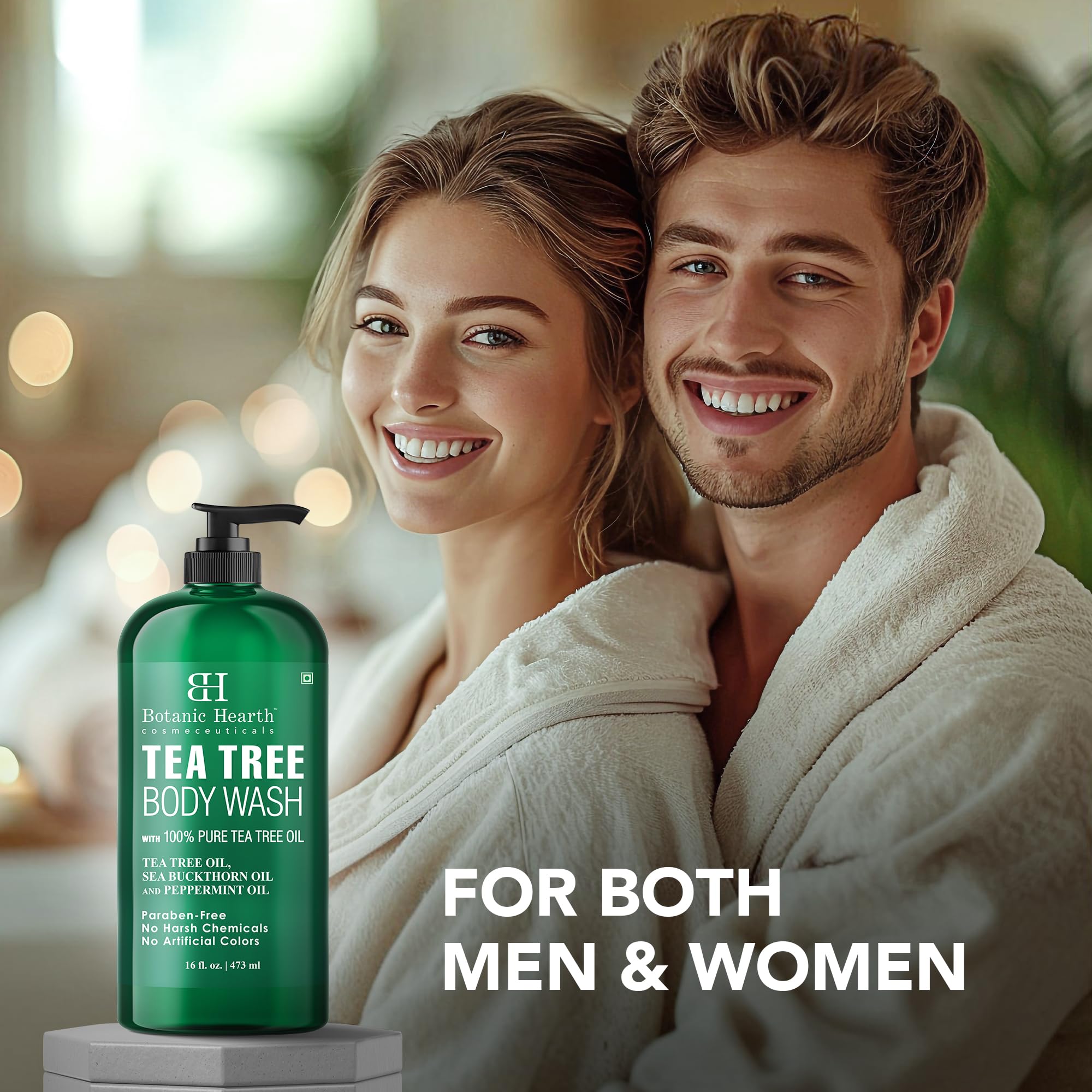 Botanic Hearth Tea Tree Body Wash in a 16 fl oz bottle, featuring clear liquid and a label with tea tree imagery and natural ingredients.