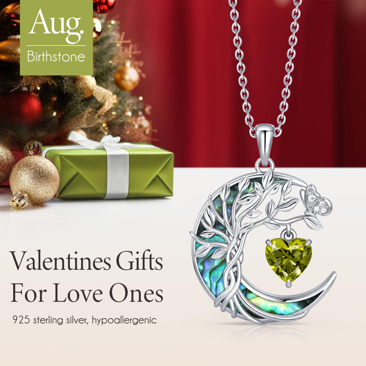 Distance Tree of Life Birthstone Necklace for Women, S925 Sterling Silver Premium Abalone Shell Moon Pendant, Heart Birt