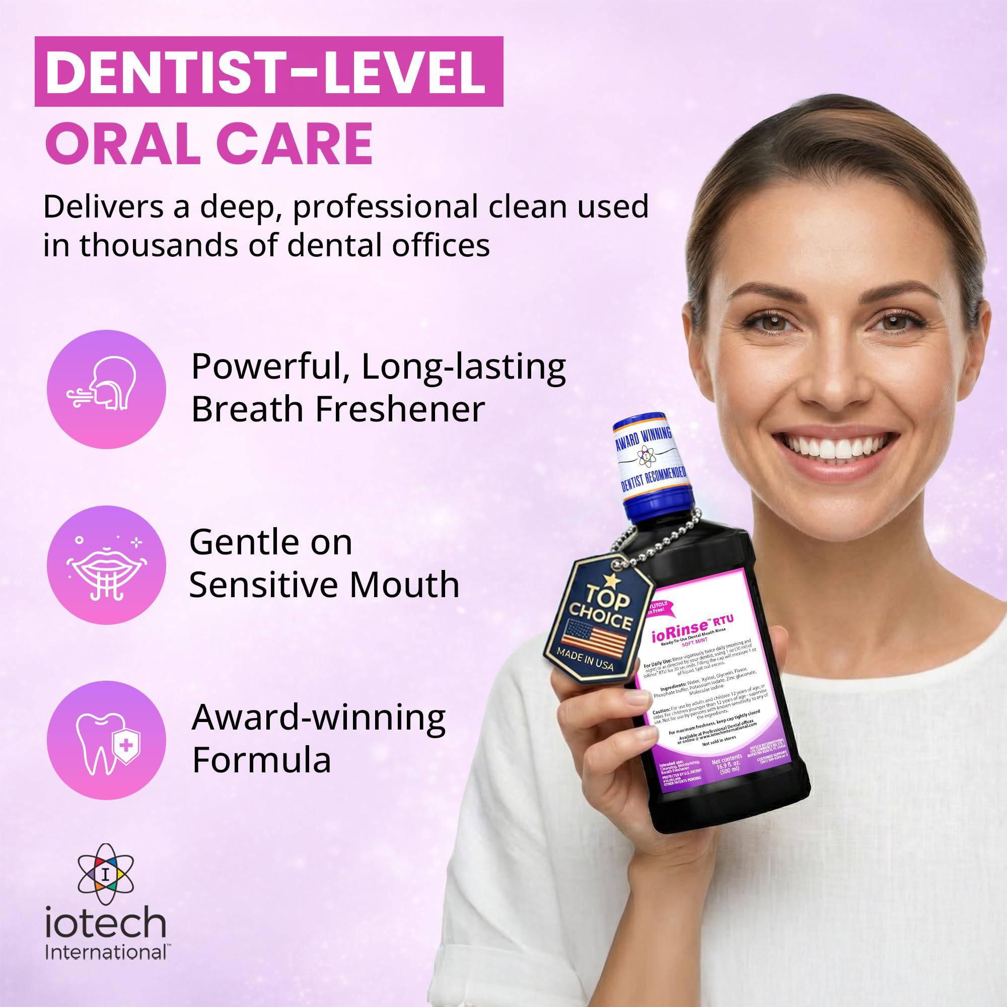 Iotech International ioRinse RTU Molecular Iodine Mouthwash in soft mint flavor, shown in a clear bottle with label.