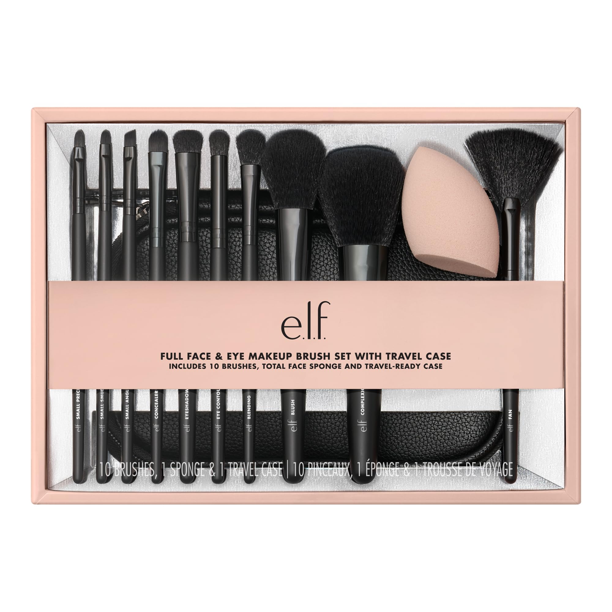 e.l.f. full face and eye makeup brush set with 11 vegan, cruelty-free brushes in a travel case, suitable for complete makeup looks