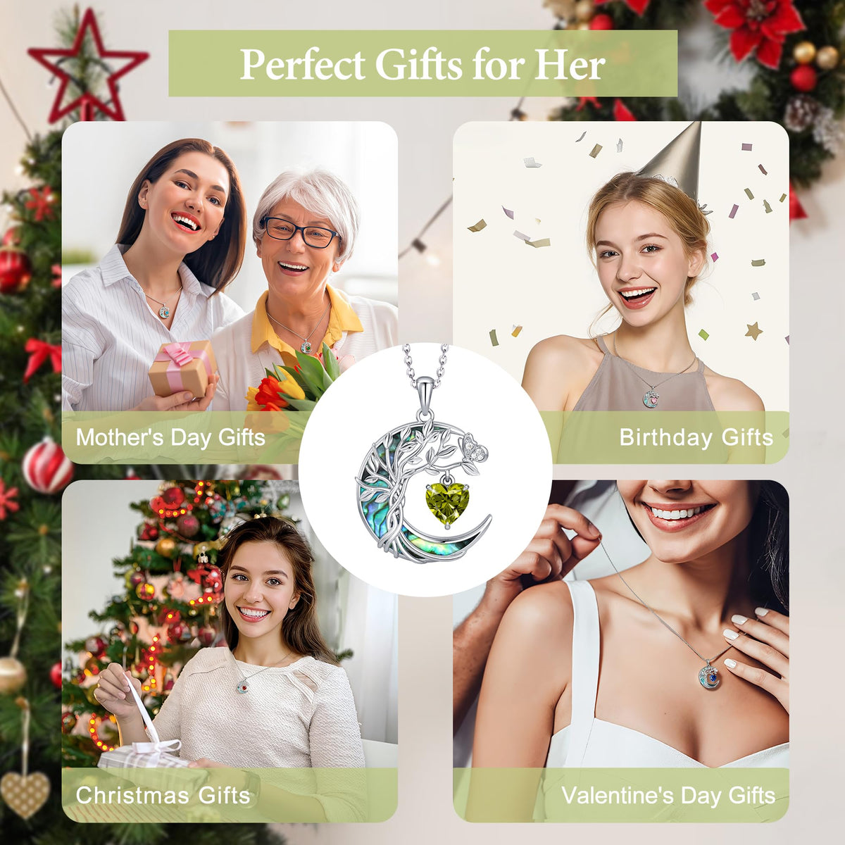 Distance Tree of Life Birthstone Necklace for Women, S925 Sterling Silver Premium Abalone Shell Moon Pendant, Heart Birt