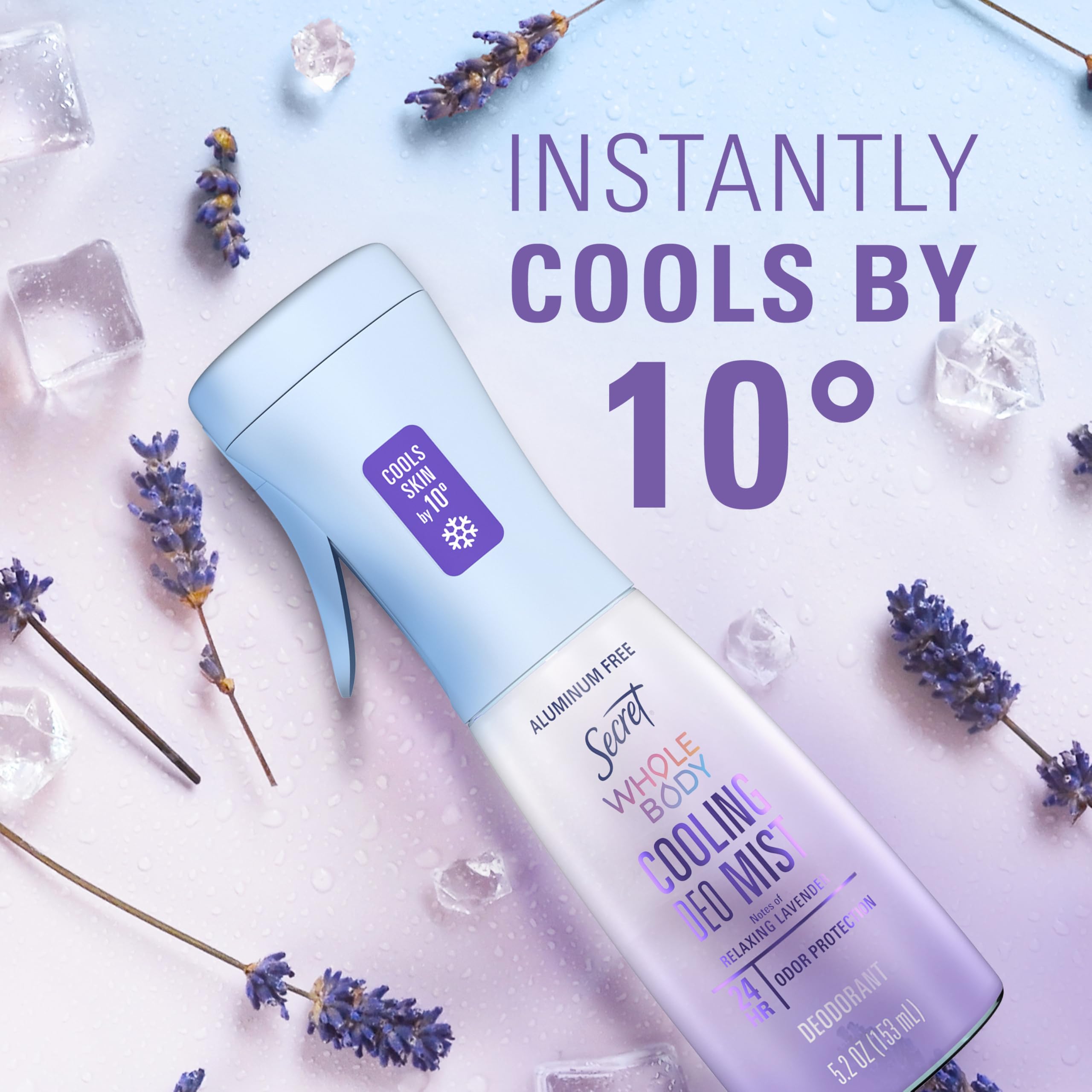 Secret Whole Body Cooling Deodorant Mist for Women, 5.2 fl oz, featuring a spray bottle with clear liquid and cooling mist nozzle.