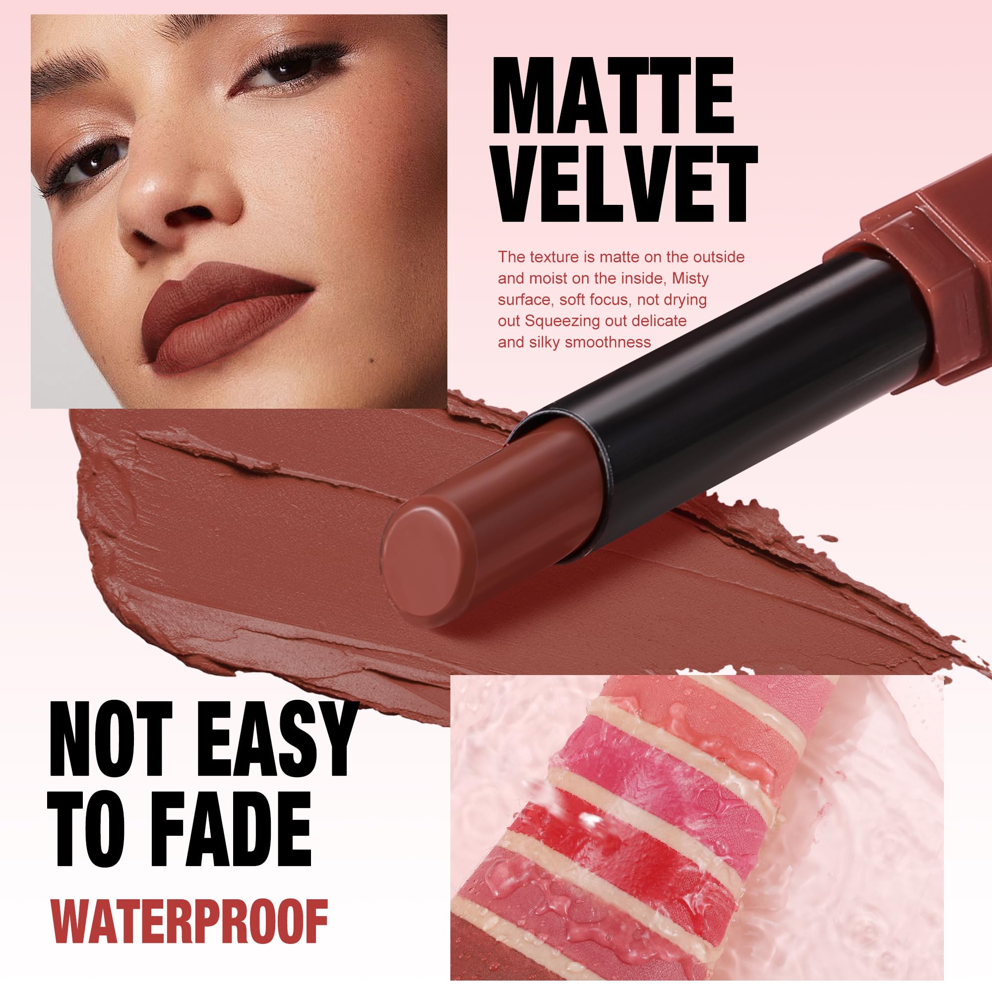 SAUBZEAN lipstick makeup in long-lasting matte lip satin stick, featuring rich lip color and sleek packaging.