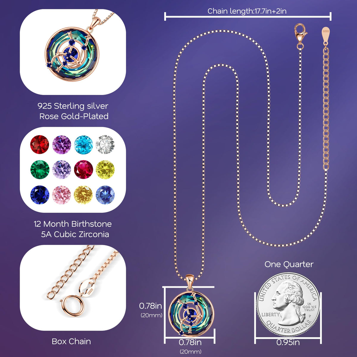 Distance S925 Sterling Silver Zodiac Constellation Birthstone Necklace for Women – back view and specifications