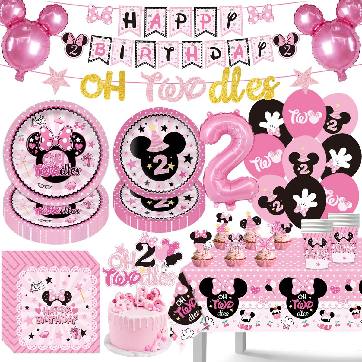 XHCYGWY 108Pcs Pink Mouse Birthday Decorations Tableware Oh Twodles Birthday Party Supplies Include Banner Plates Napkin
