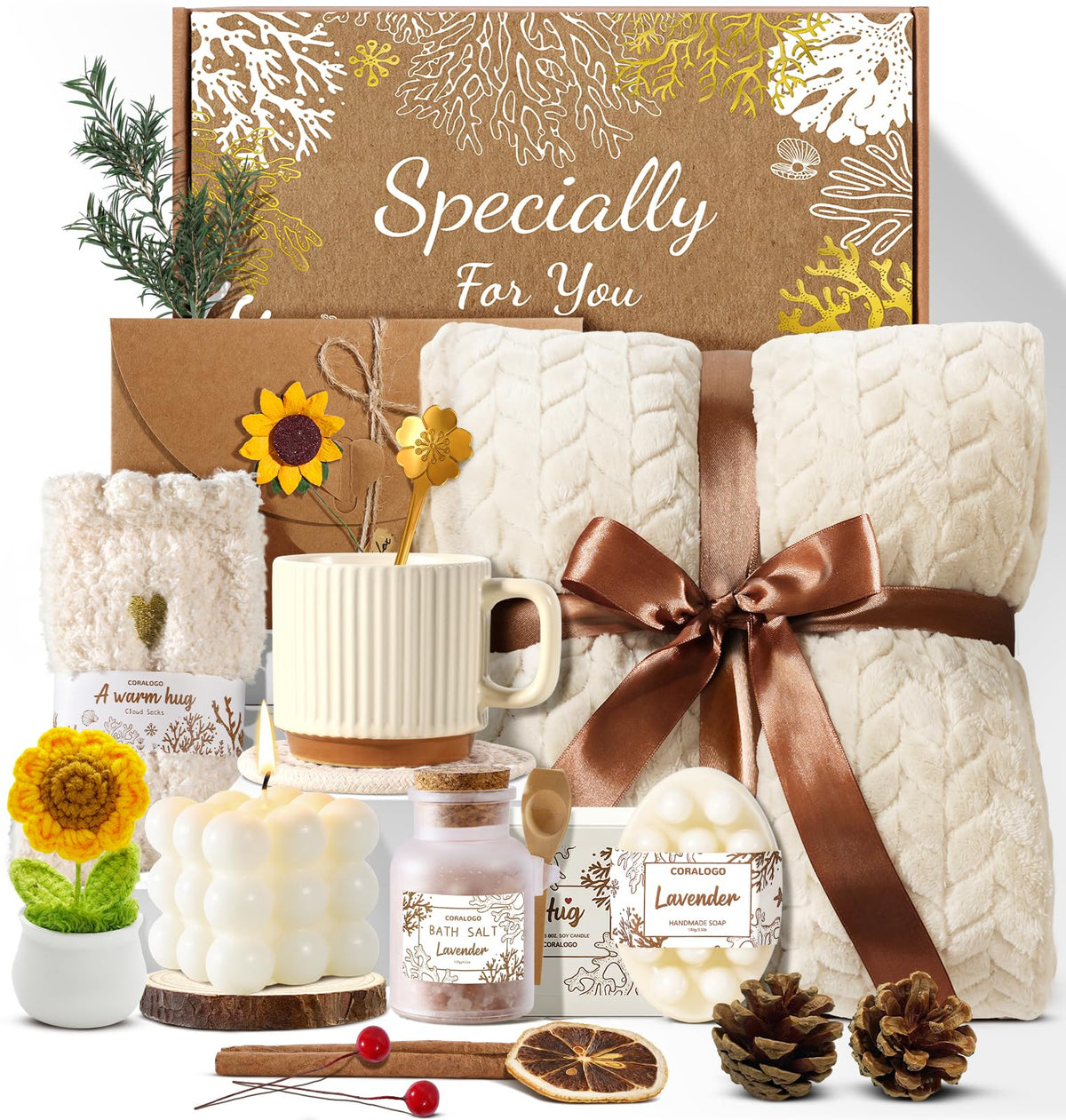 Coralogo 11pcs Spa Gift Baskets for Women, Sunflower Self Care Set, White – product photo (Sets &amp; Kits)