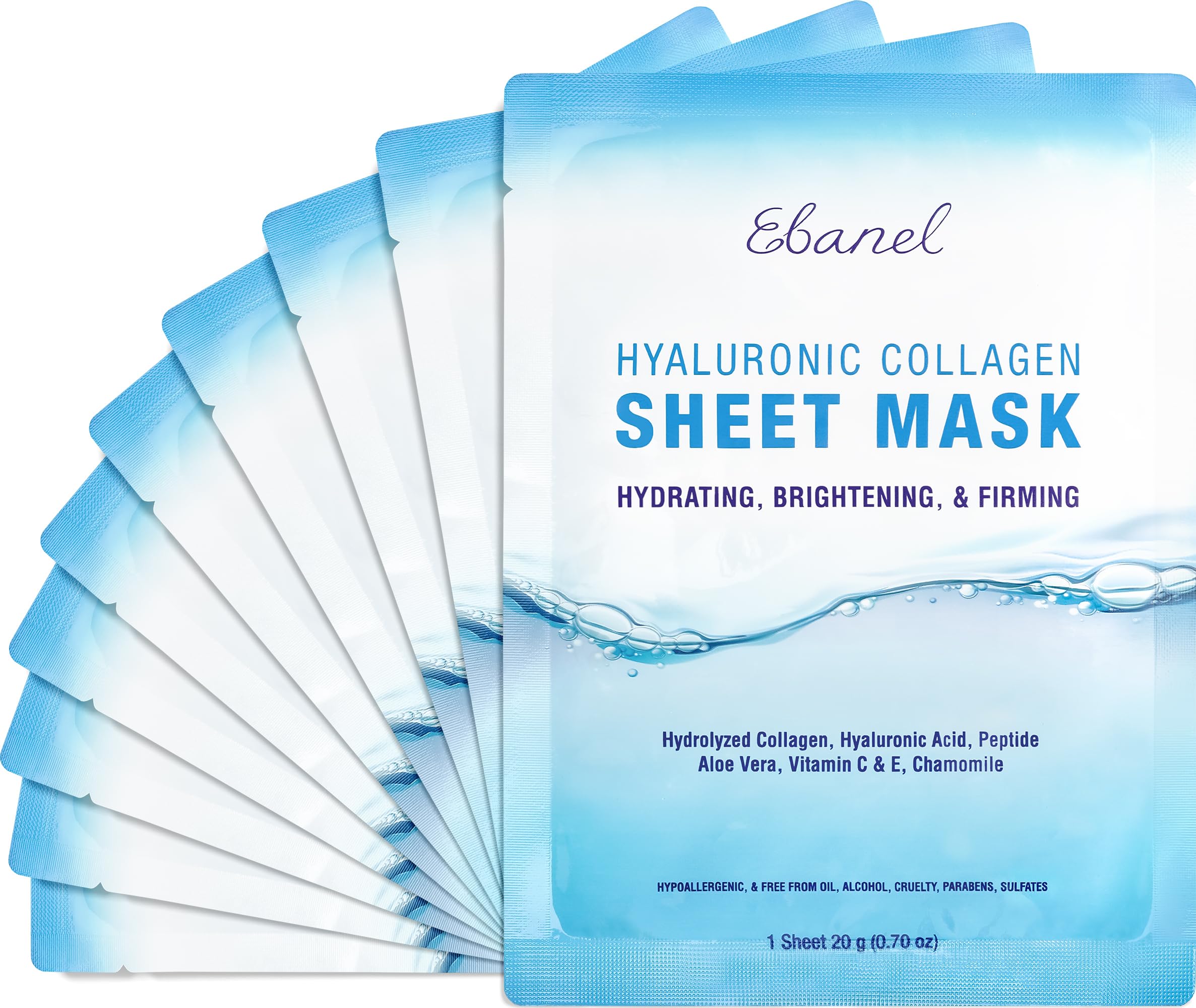 Ebanel 10-Pack Collagen Face Mask with Hyaluronic Acid, Vitamin - Product Imagery
