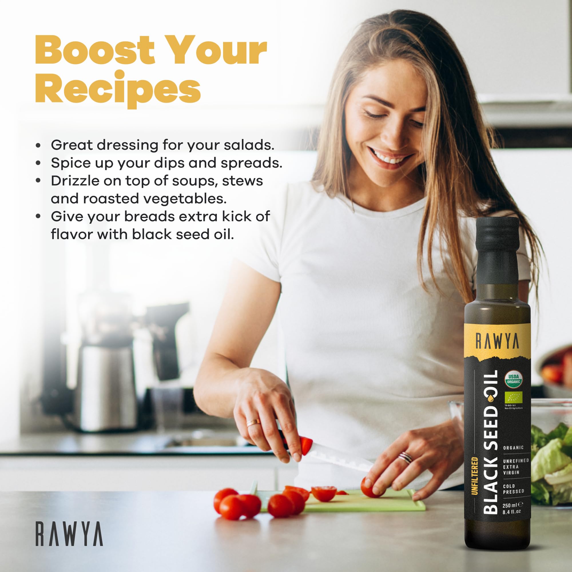 RAWYA Black Seed Oil bottle, cold-pressed and USDA organic, showcasing dark glass container with label, for edible vegetable oil.