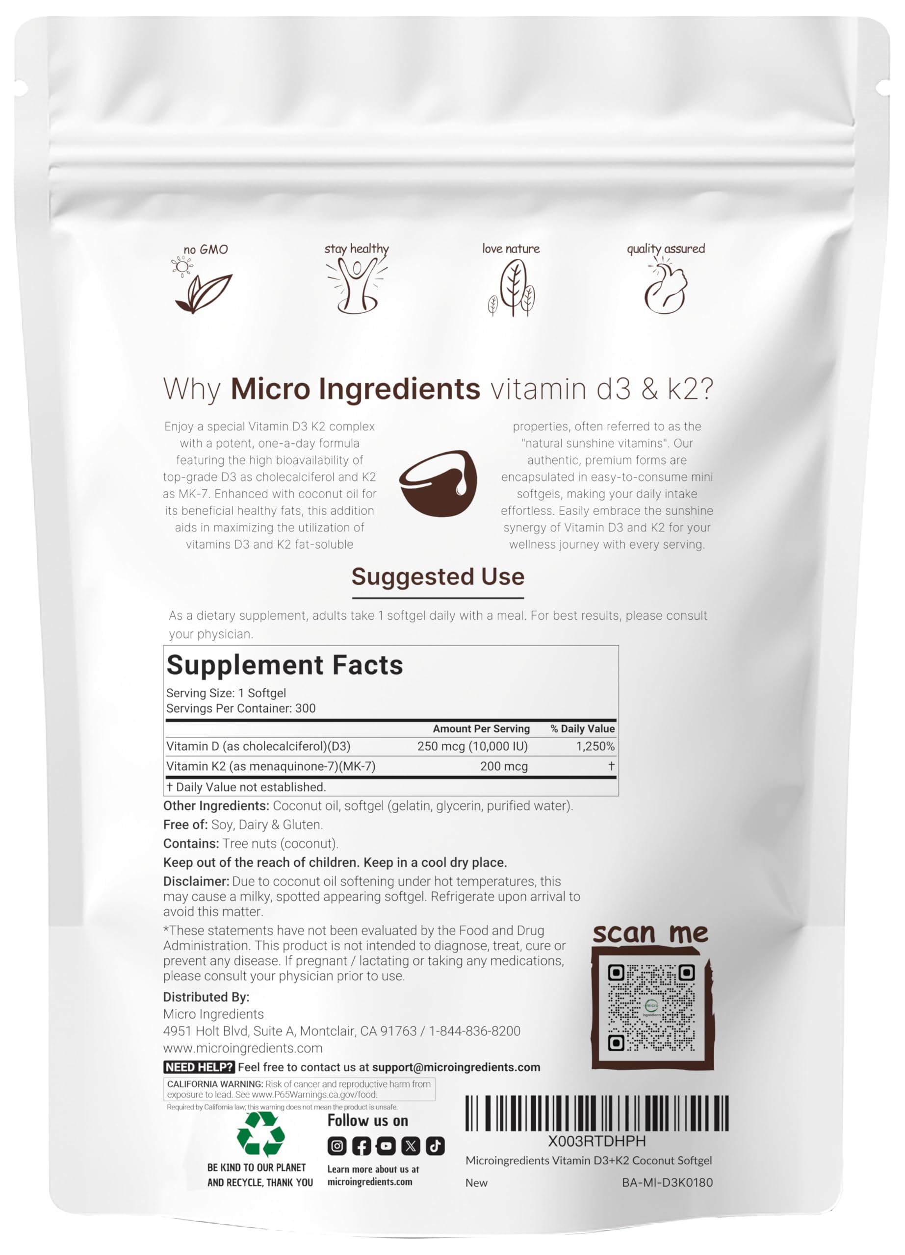 Micro Ingredients Vitamin D3 K2 MK-7 10,000 IU, 300 Softgels