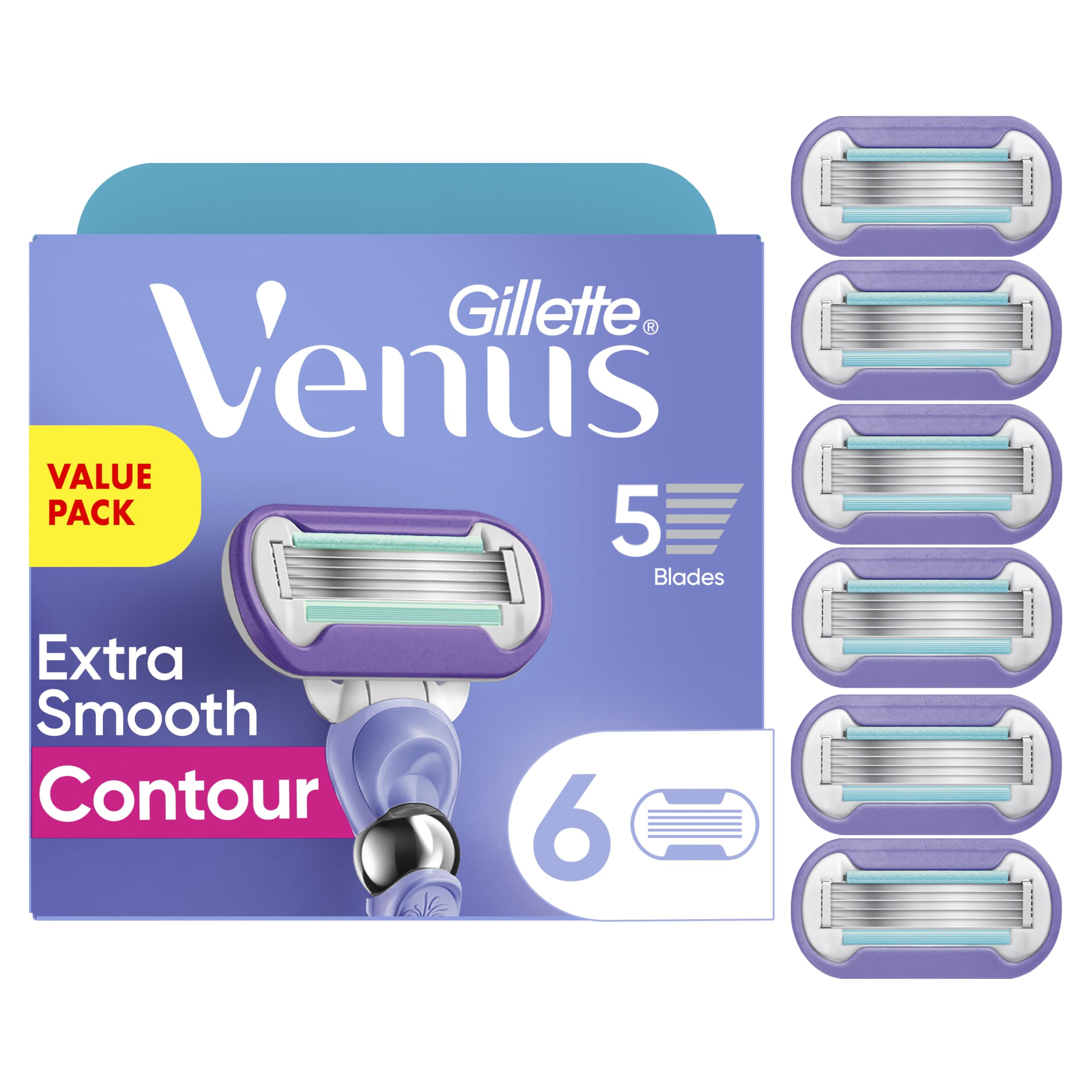 Six Gillette Venus Deluxe Smooth Swirl razor blade cartridges with sleek design, ideal for smooth shaving.