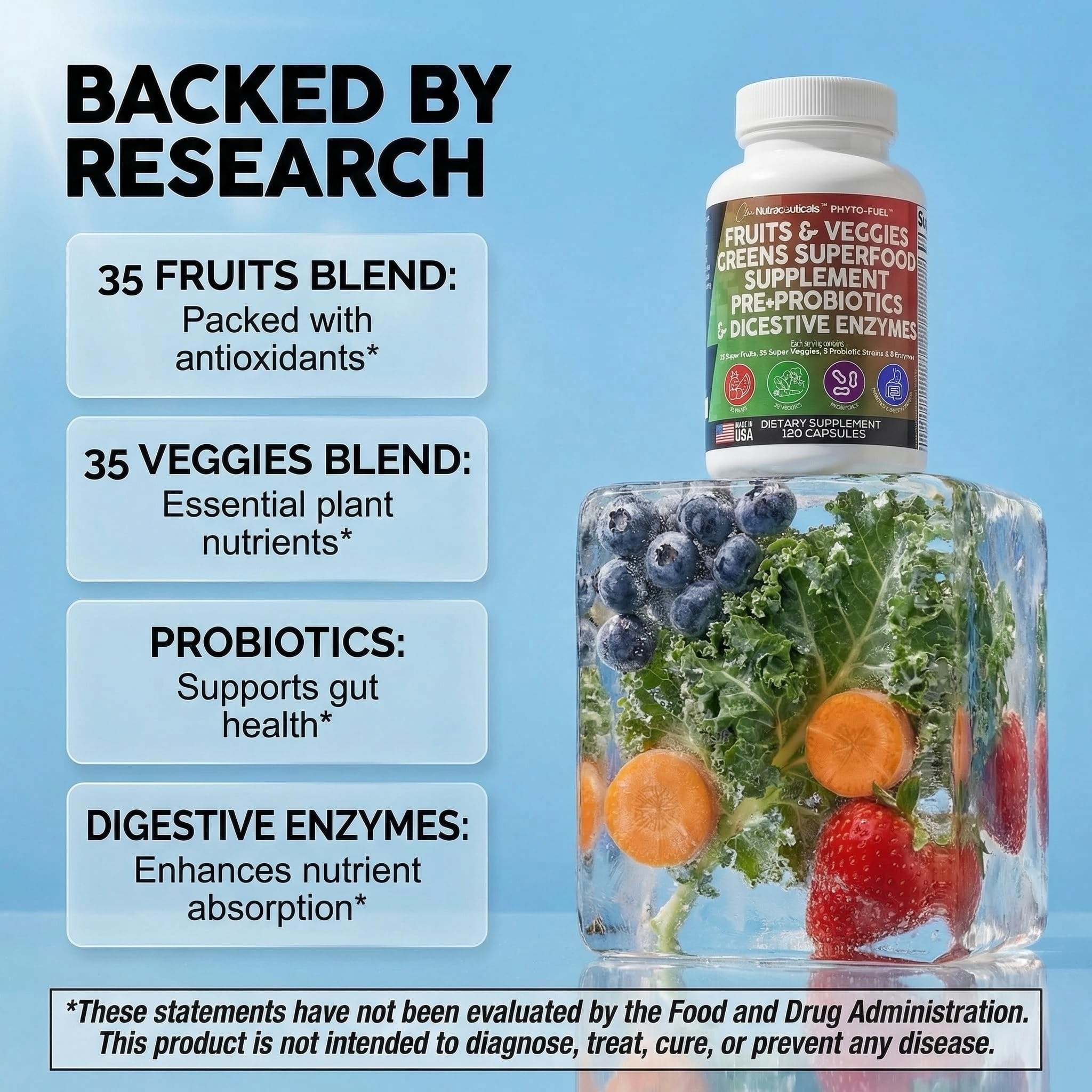 Clean Nutraceuticals Fruits & Veggies Superfood nutritional supplement box with 120 capsules, showcasing colorful fruit and vegetable imagery.