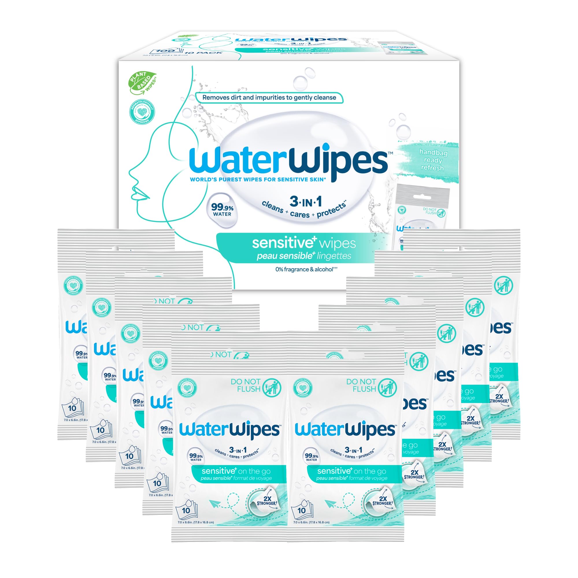 WaterWipes Beauty Sensitive+ On-The-Go Facial Wipes, 99.9% - Product Imagery