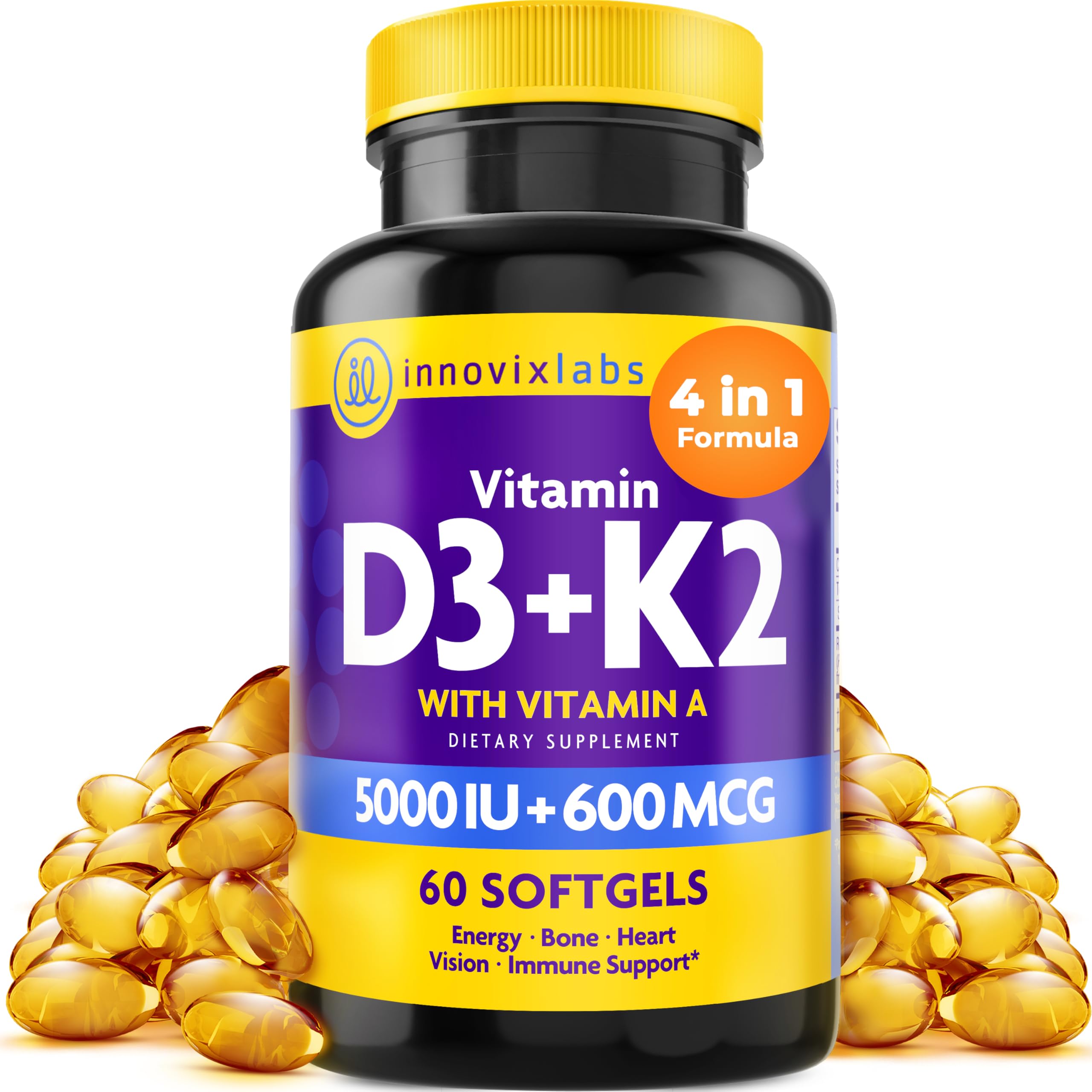 InnovixLabs D3 K2 Vitamin 5000 IU Supplement with Vitamin A (60 - Product Imagery
