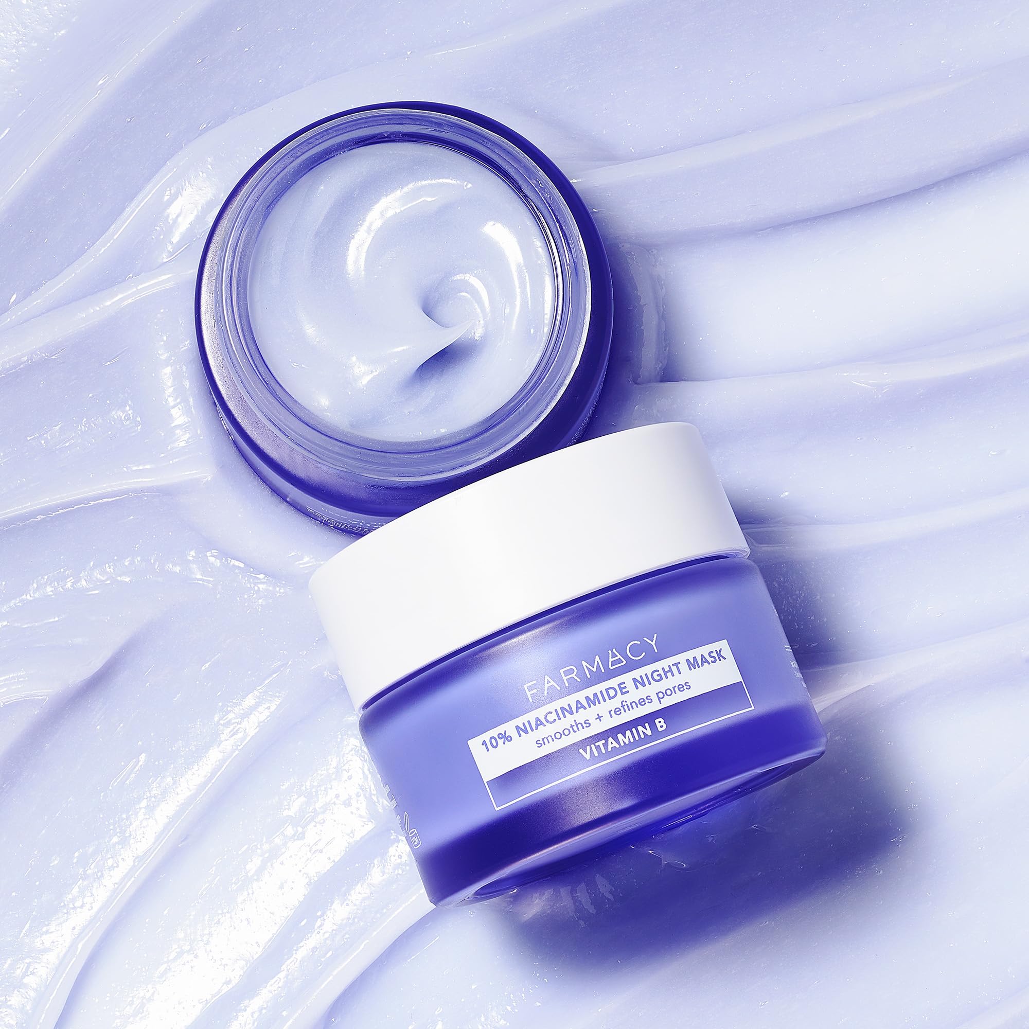 Farmacy Niacinamide Overnight Face Mask with blueberry seed oil, showing the product jar with blue and white packaging.