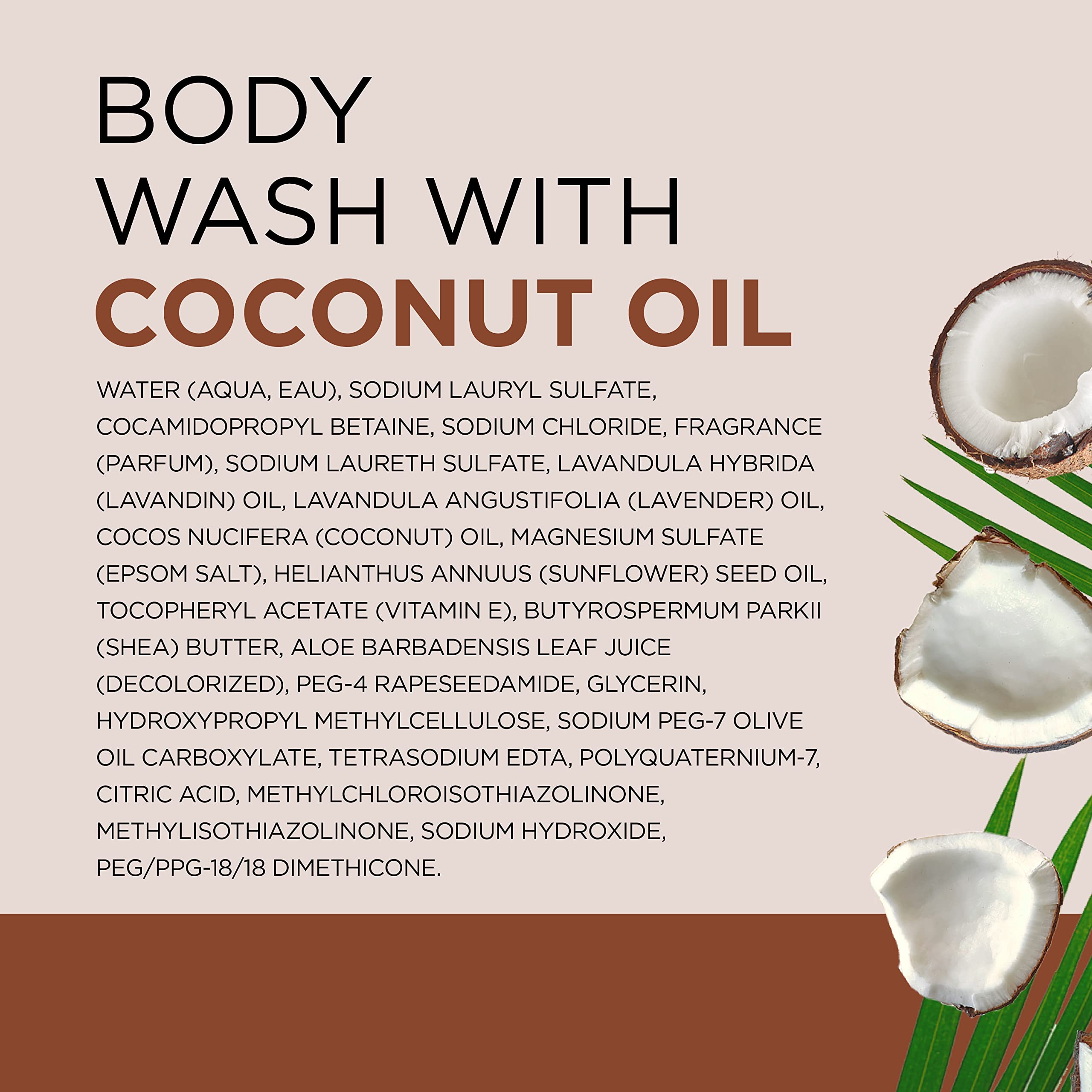 Dr Teal's body wash with Epsom salt and coconut oil in a 24 fl oz bottle, shown in a four-pack for skin cleansing.