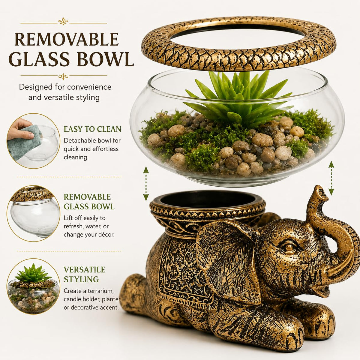 THE NIFTY NOOK Elephant Decorative Bowl with Removable Glass Vessel, Antique Gold Finish, Tabletop Plant Display, Gift B