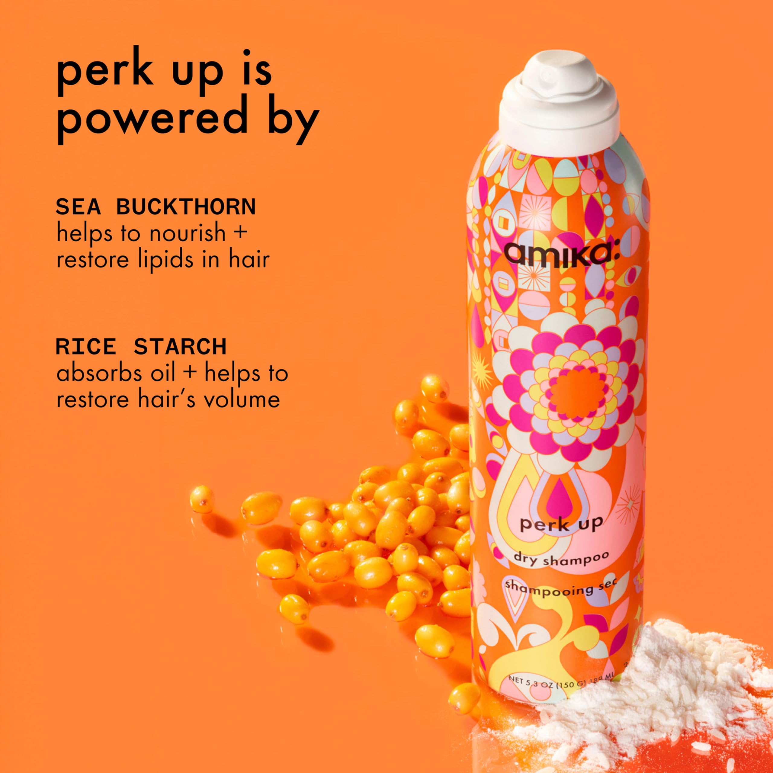 Amika Perk Up Dry Shampoo in 5.3 oz bottle, showing the sleek packaging and spray nozzle on a white background.