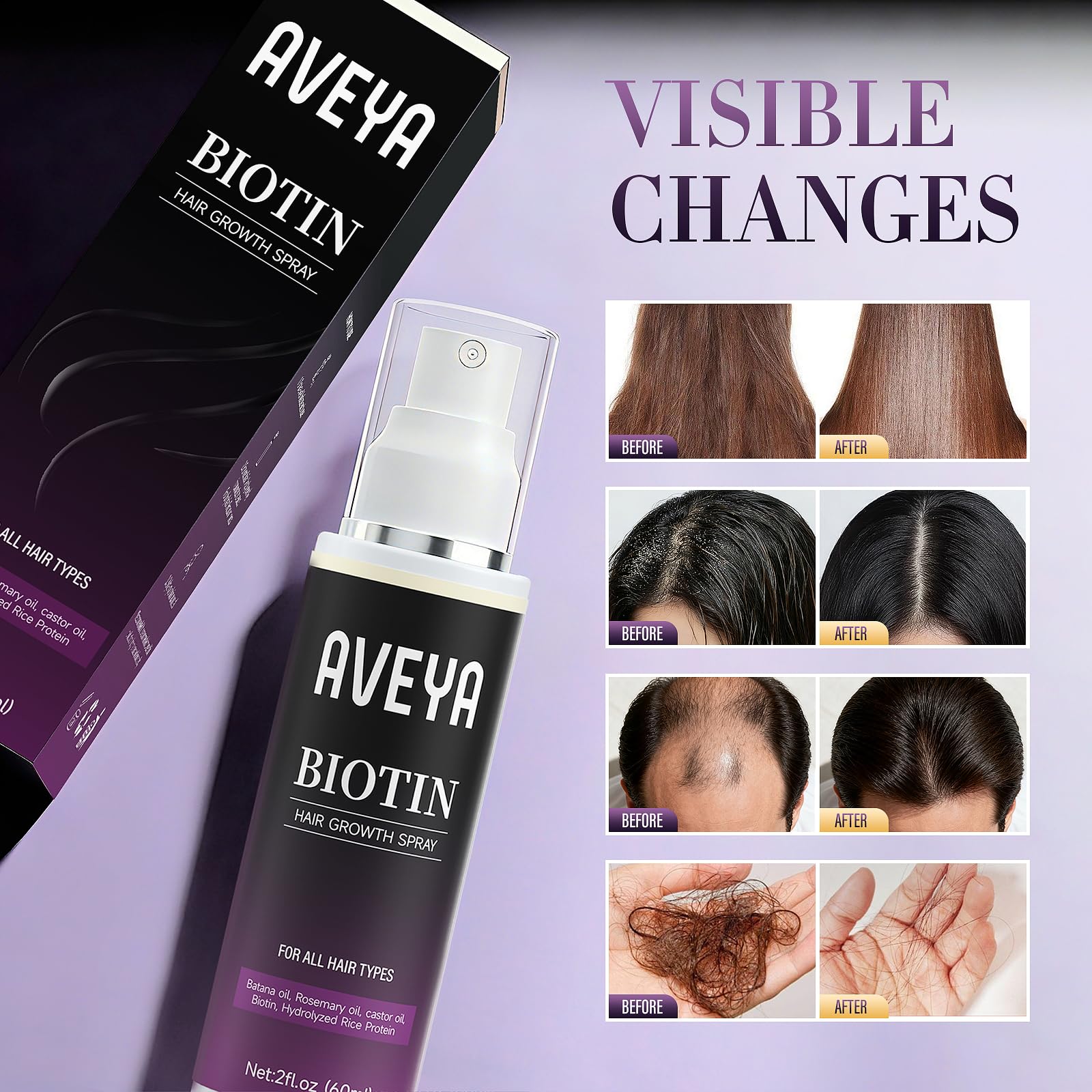 AVEYA Hair Growth Spray with rosemary oil and biotin, showing a 60ml bottle next to fresh rosemary and rice water for scalp care.