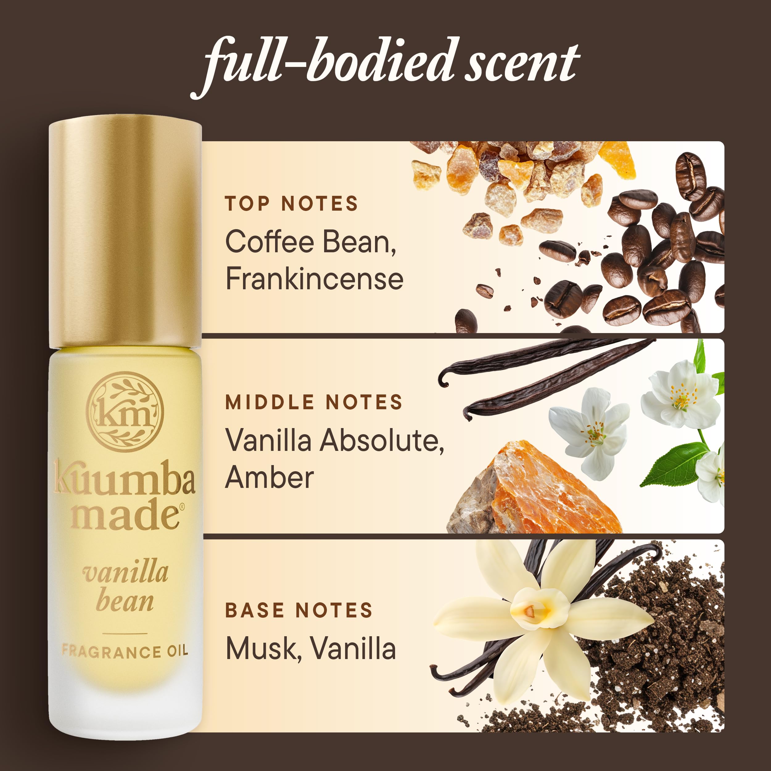 Kuumba Made Vanilla Bean Roll-On Fragrance Oil in a small 0.15oz bottle, featuring a clear glass container with a rollerball applicator.