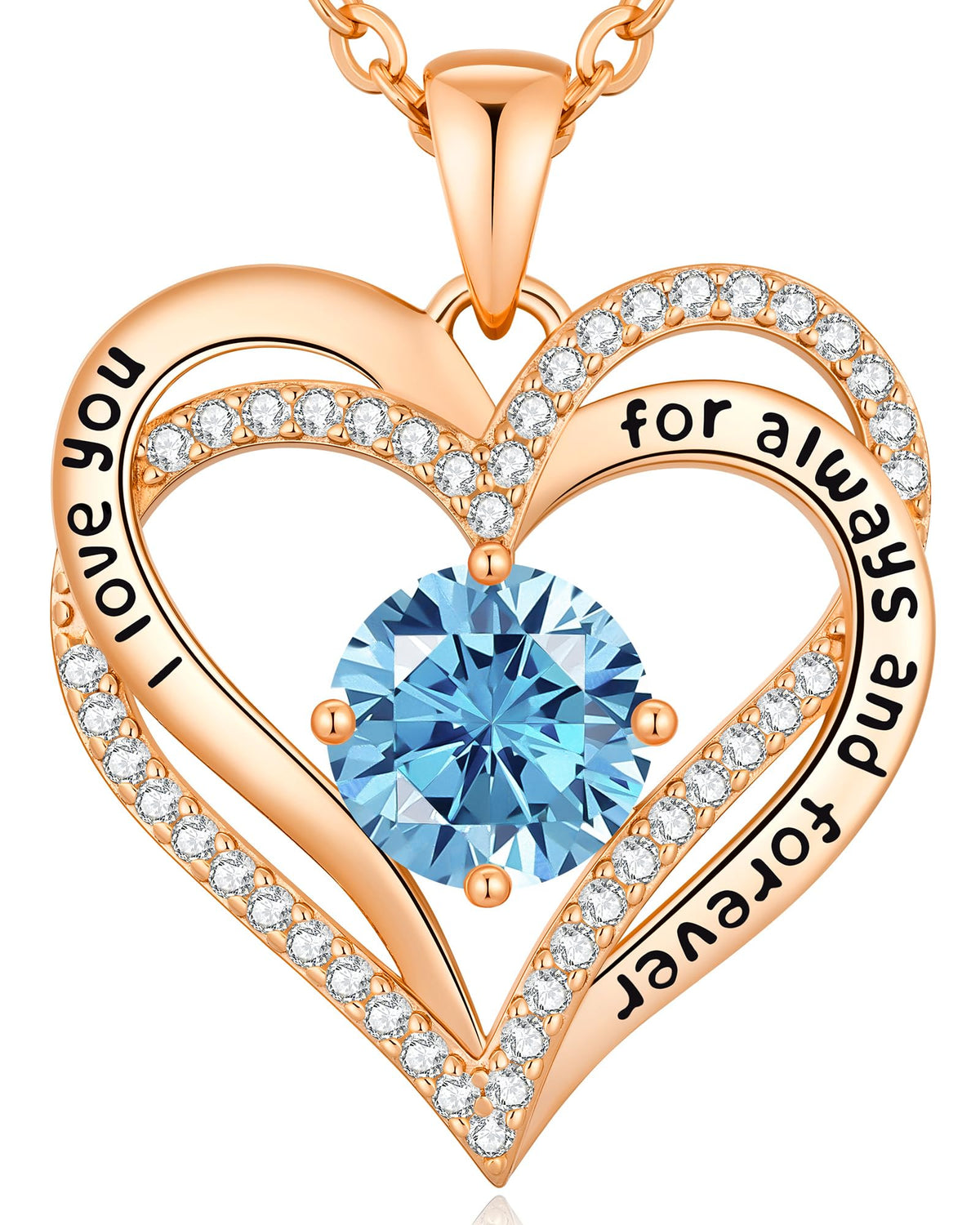 CDE 18K Rose Gold Heart Pendant Necklaces Gift, Birthstone Jewelry Gift – 03-Mar-Aquamarine Blue, One Size
