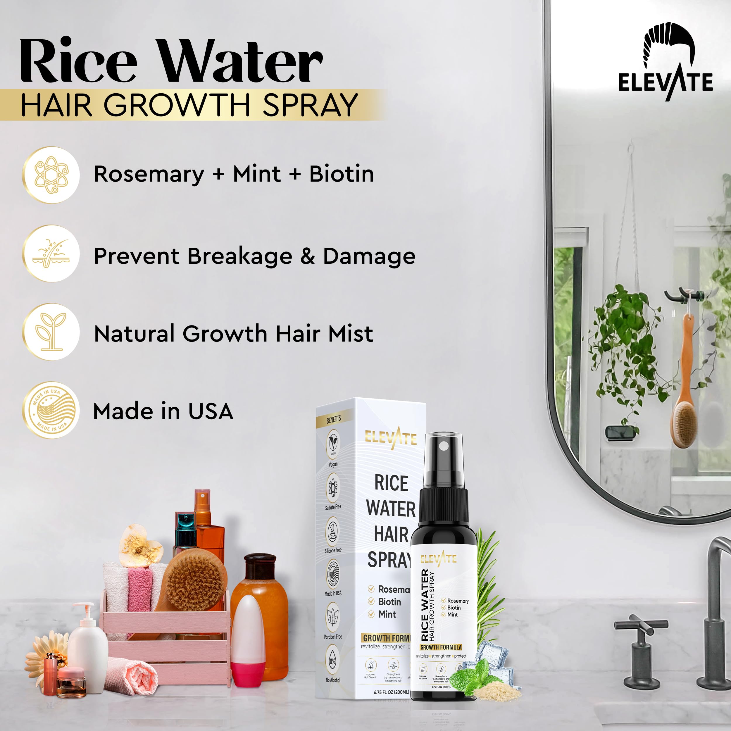 Elevate Rice Water Spray for Hair Growth with fermented rice water, rosemary, and biotin in a vegan leave-in mist for stronger hair.