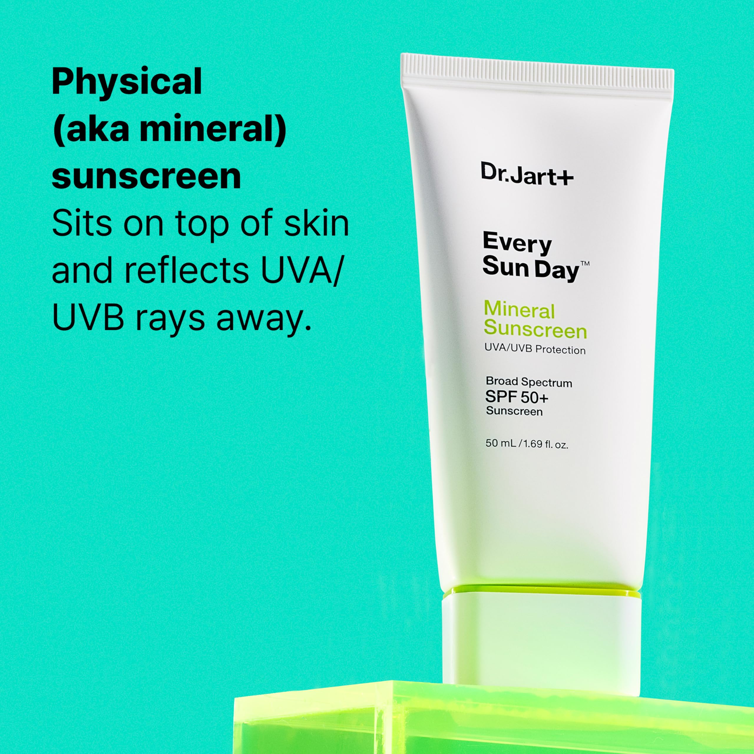 Dr.Jart+ Every Sun Day Mineral Sunscreen SPF 50+ with zinc oxide in travel size, 1.69 fl oz, for face protection.