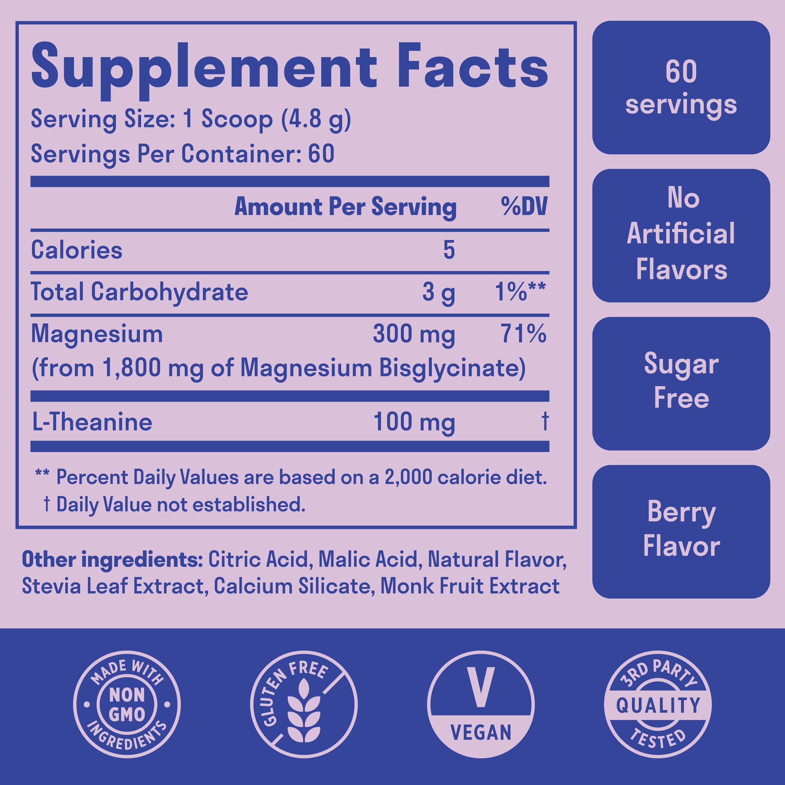 Magnesium Glycinate Powder + L Theanine, 60 Servings, 300mg, Mixed Berry