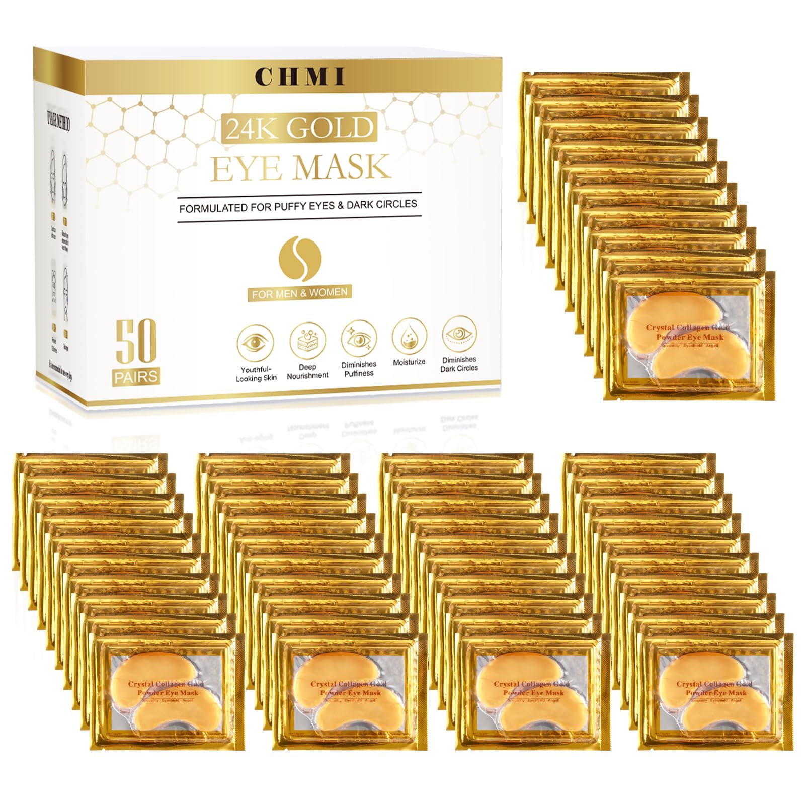 CHMI 24K Gold Under Eye Patches 50 Pairs Collagen, Dark Circles, - Product Imagery
