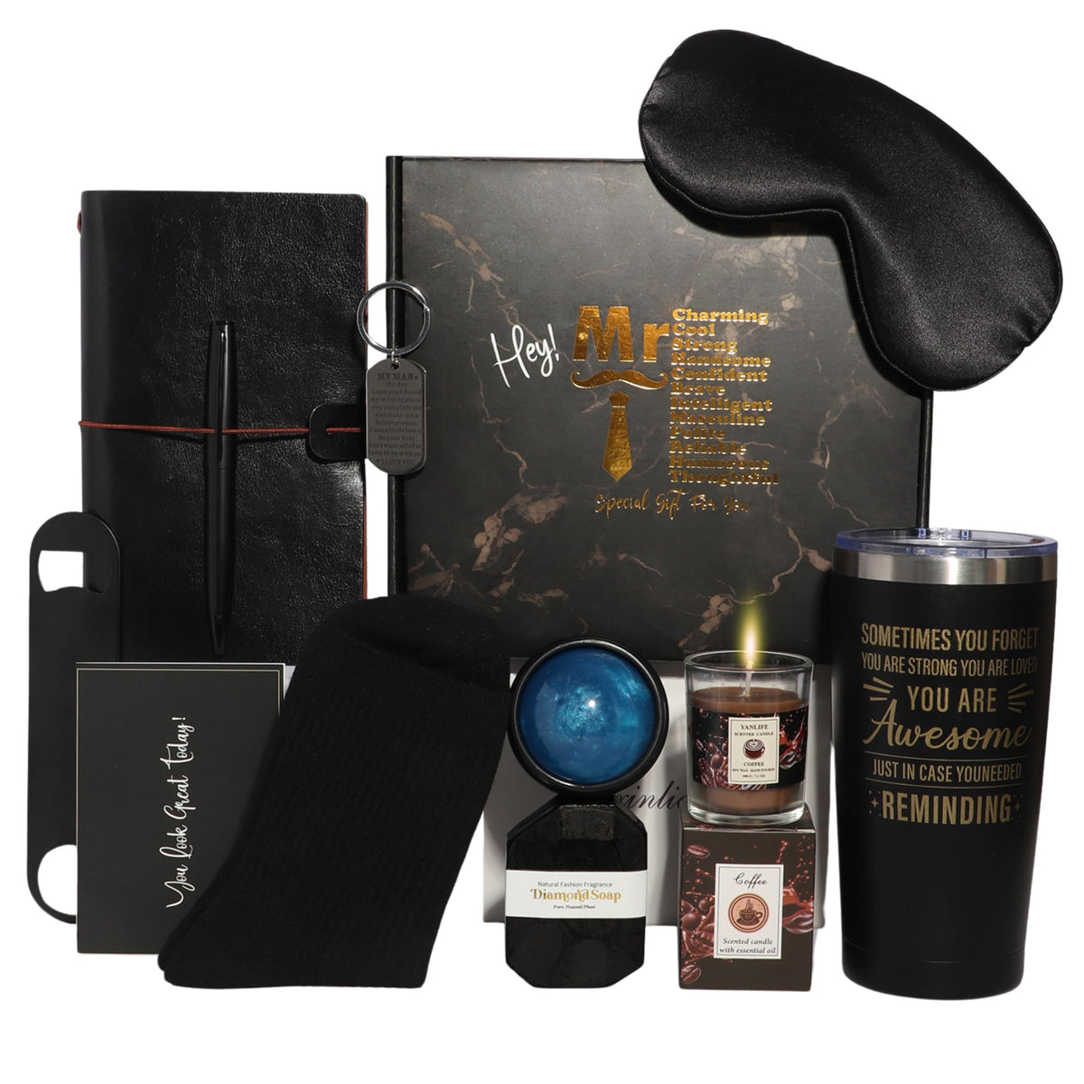 Handmade Luxury Men's Gift Box Set with Journal, Travel Tumbler, Scented Candle, Soap, Sleep Mask, Black – Black