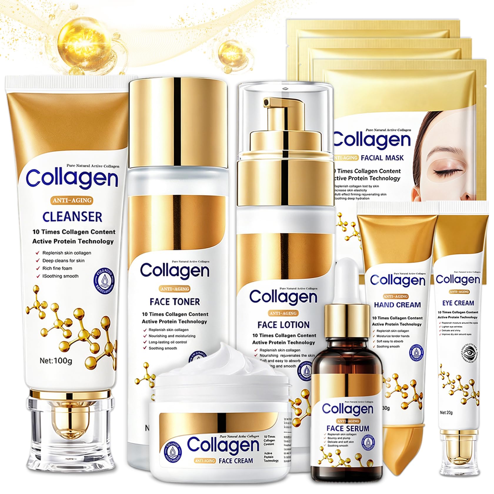 10PCS Collagen Skin Care Set,Anti Aging Facial Skincare Set for - Product Imagery