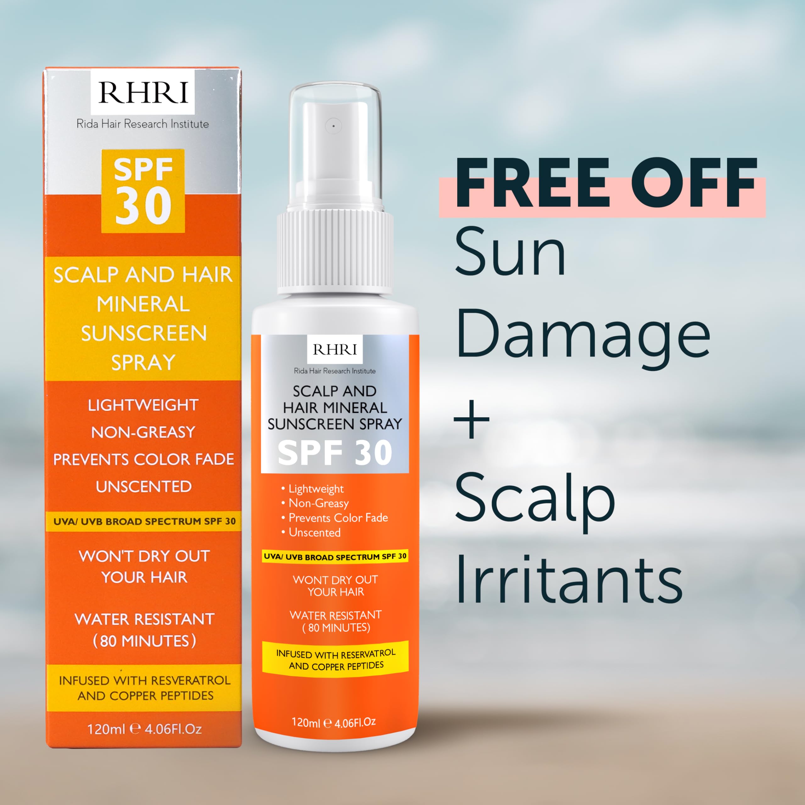 Rida Hair Research Institute SPF 30 hair and scalp sunscreen spray bottle, UV protection for hair and scalp, 814g.