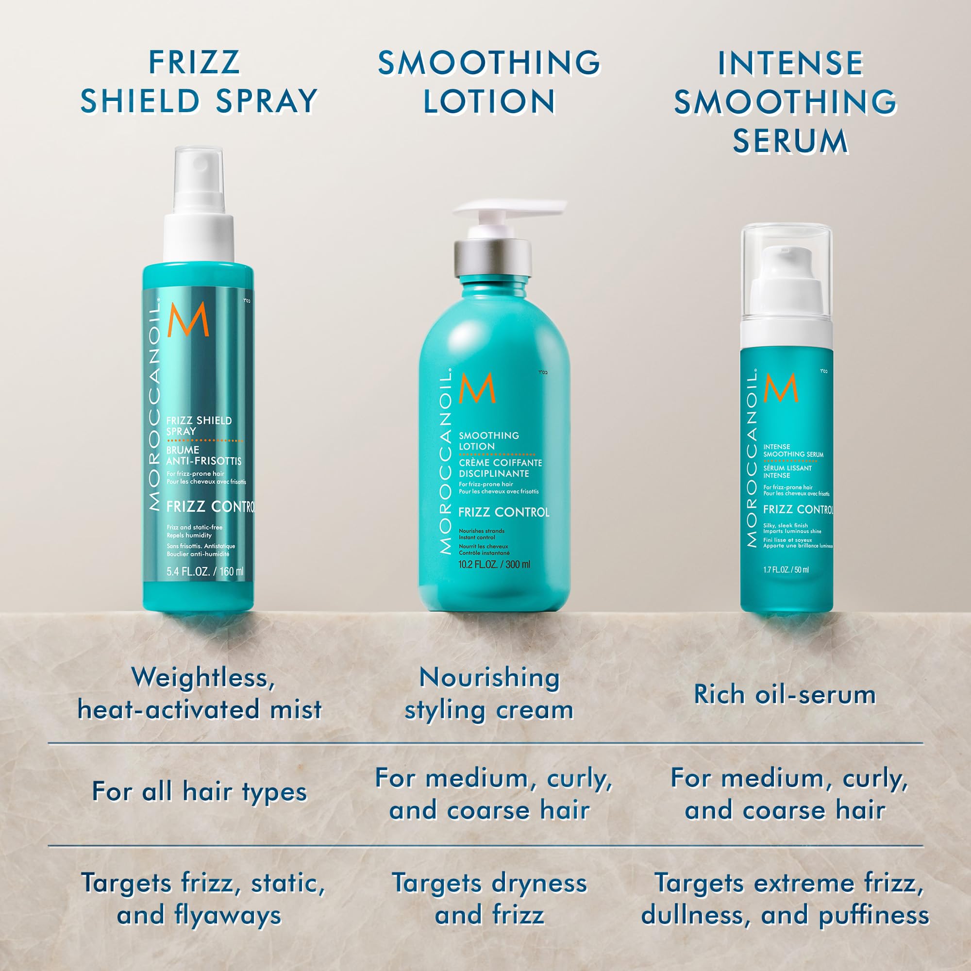 Moroccanoil Intense Smoothing Frizz Control Serum for hair, 1.7 fl oz, with sleek, shiny hair and smooth styling appearance.