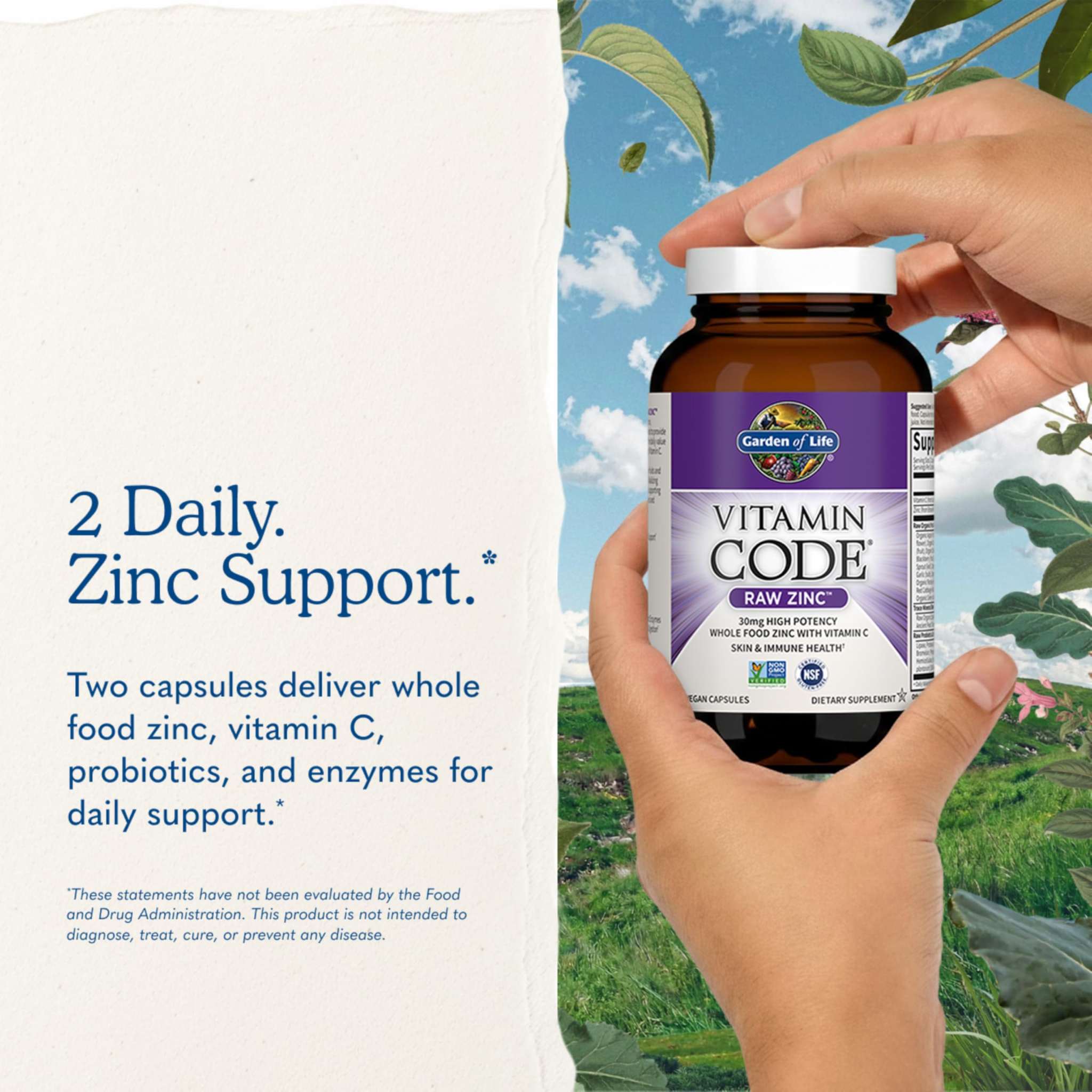 Garden of Life RAW Zinc 30mg and Vitamin C 60 vegan capsules, dietary supplement for immune support and overall health.