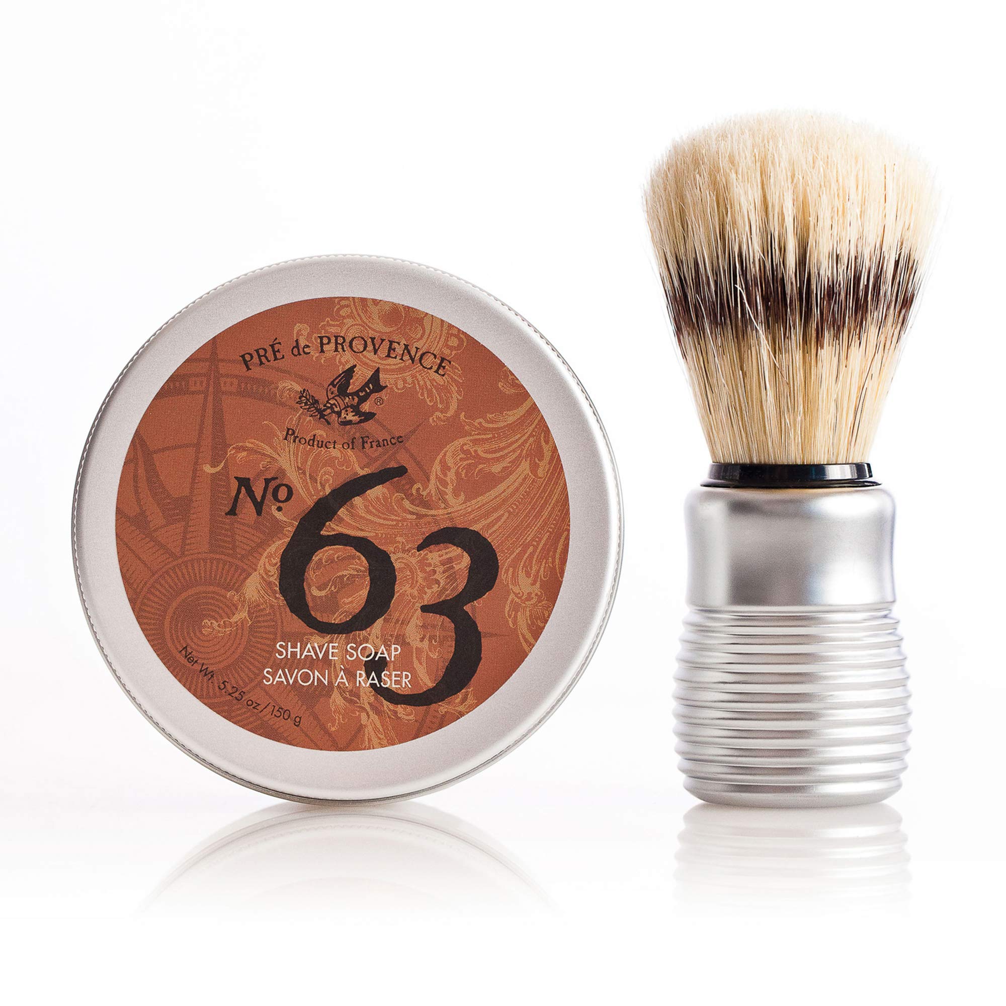 Pre de Provence No.63 men's shave soap in a tin, skin cleaning agent with rich lather for a smooth shave.