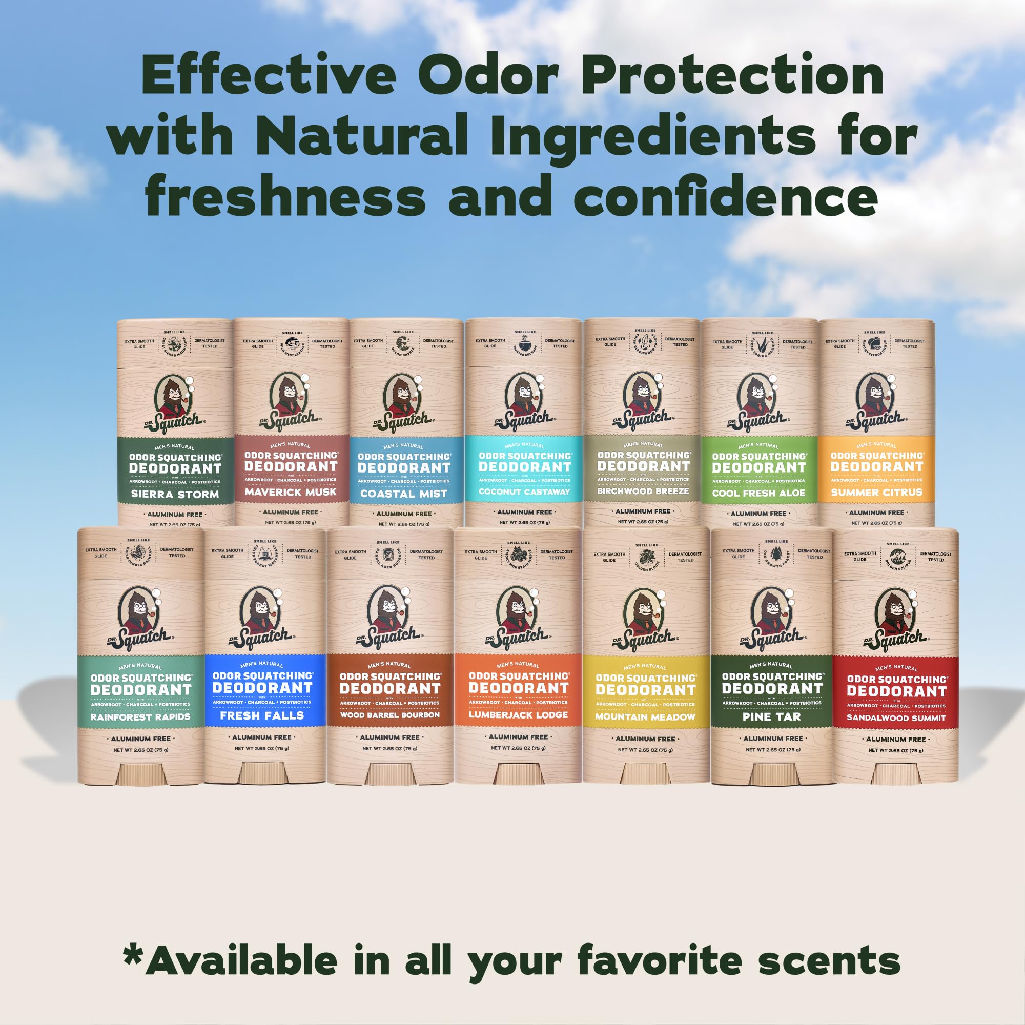 Dr. Squatch natural body deodorant 2-pack featuring Coconut Castaway and Fresh Falls scents in sleek sticks.