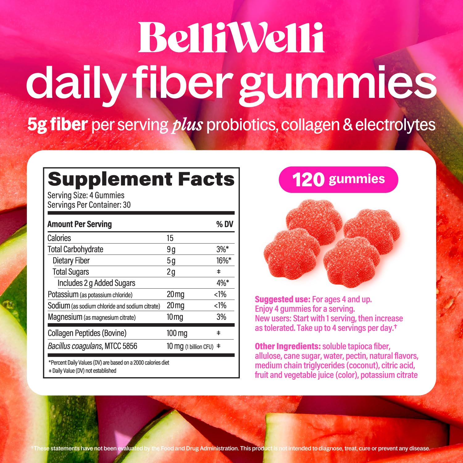 Belli Welli Fiber Gummies for GLP-1 Support — Watermelon, 120ct
