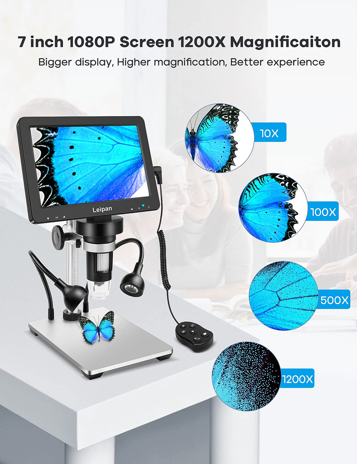 Leipan 7" LCD Digital Microscope 1200X,12MP Coin Microscope with Screen – close-up detail in Black, Silver