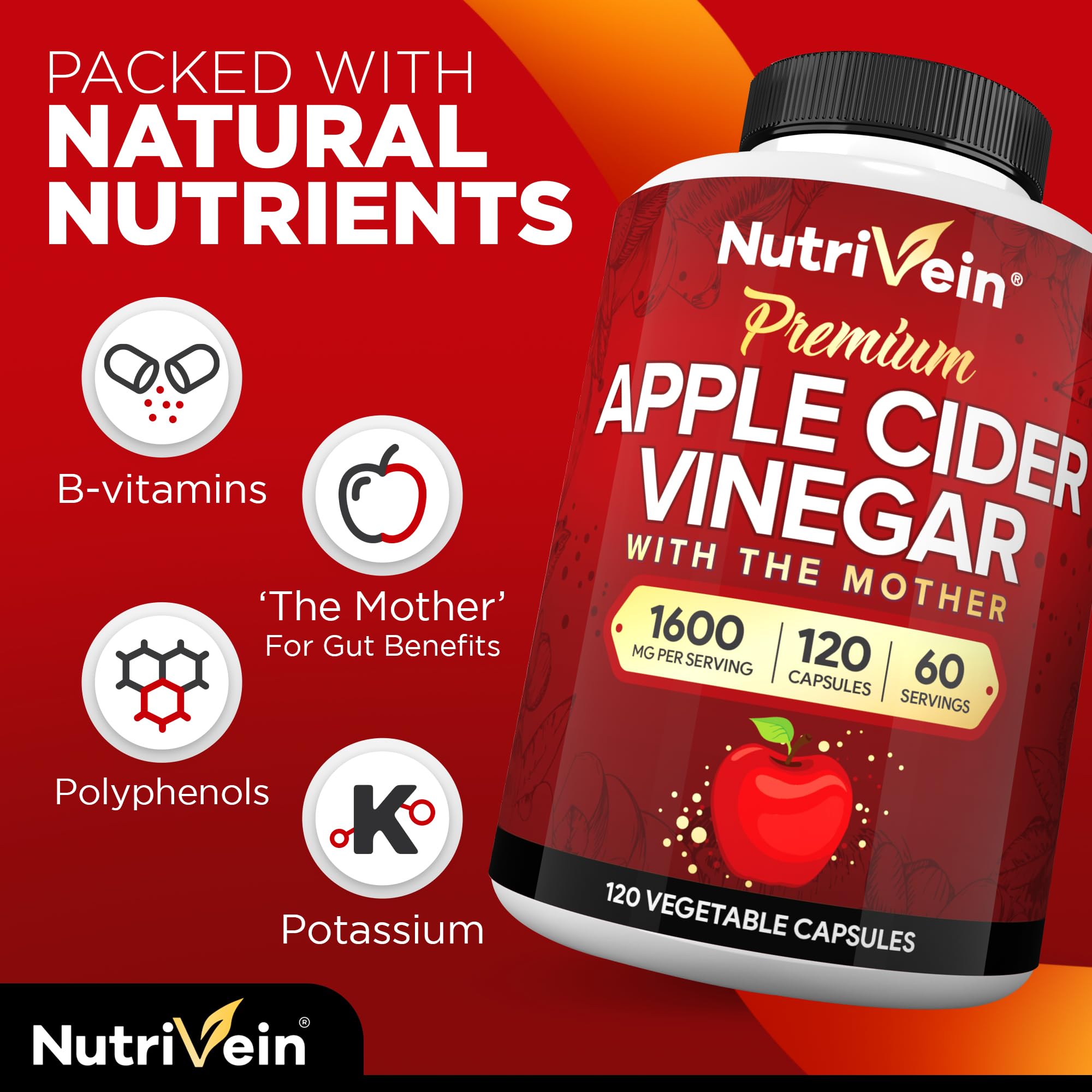 Nutrivein Apple Cider Vinegar Supplement with Mother 1600 mg - 120 Capsules