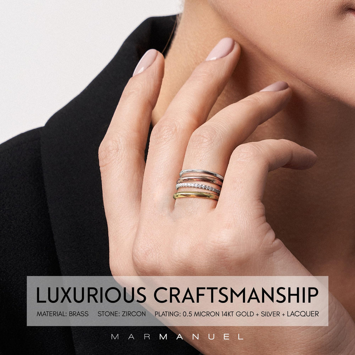 MAR MANUEL - Stackable Rings for Women Made of Durable 14kt 0.5 Micron Gold & Silver-Plated Brass with Zircon Stones, El