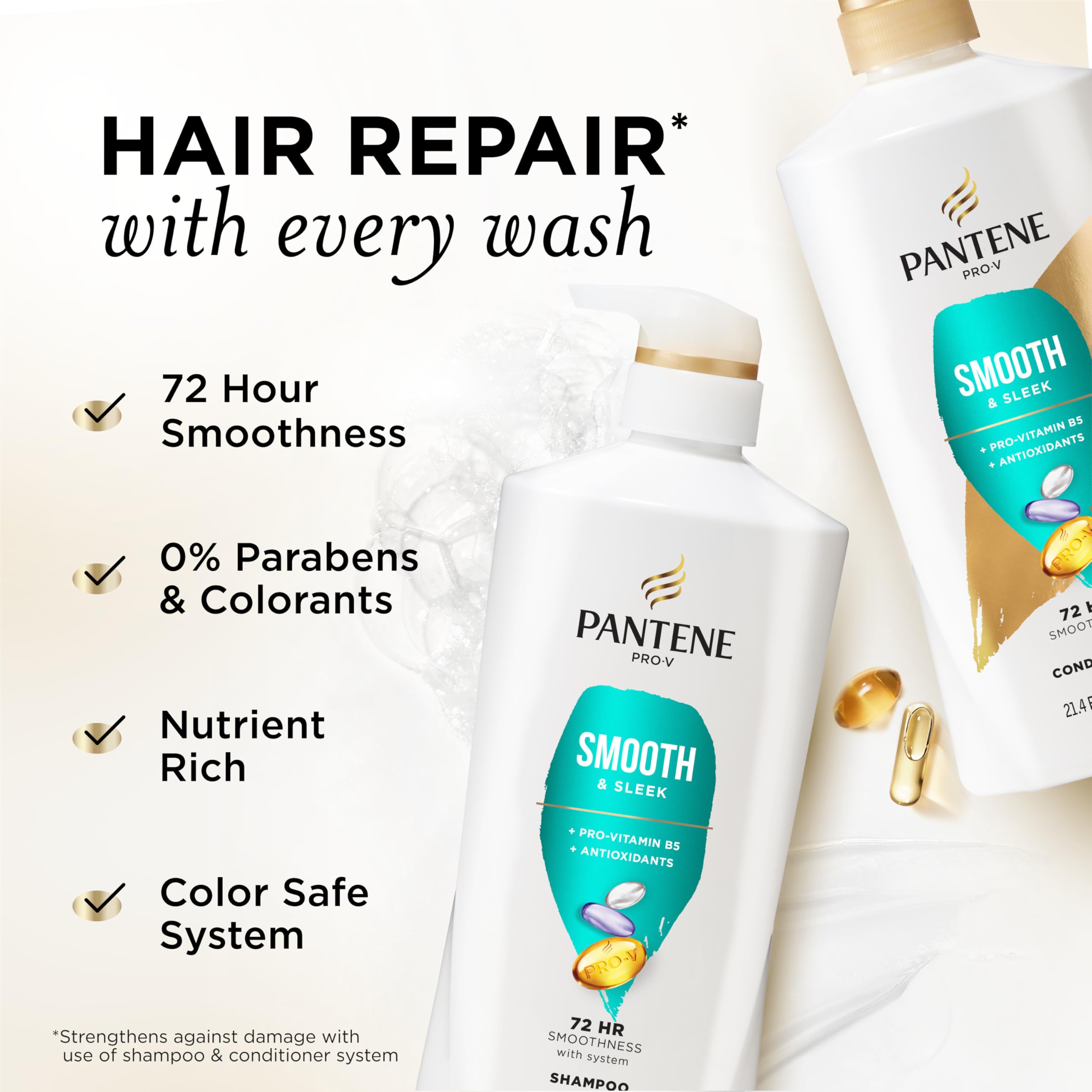 Pantene Smooth & Sleek shampoo and conditioner set with 52.8 oz bottles, featuring sleek, shiny hair on the product display