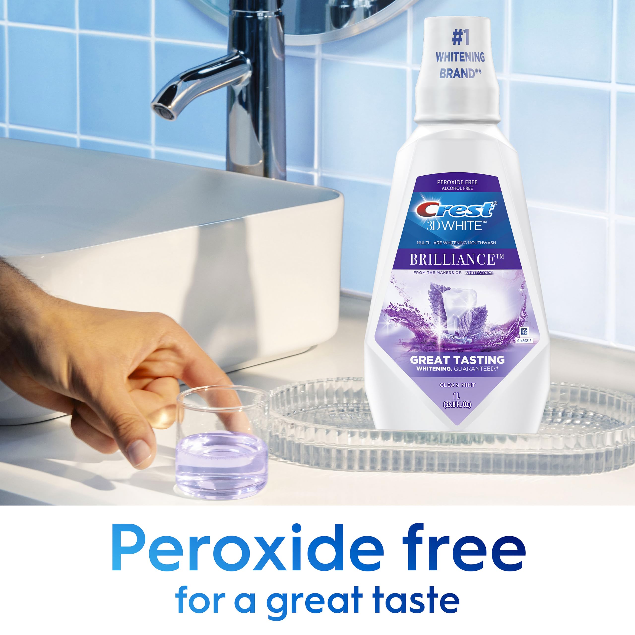 Crest Mouthwash/Mouth Rinse, 3D White Brilliance Whitening, Alcohol Free, Clean Mint, 2x1L (33.8 fl oz)