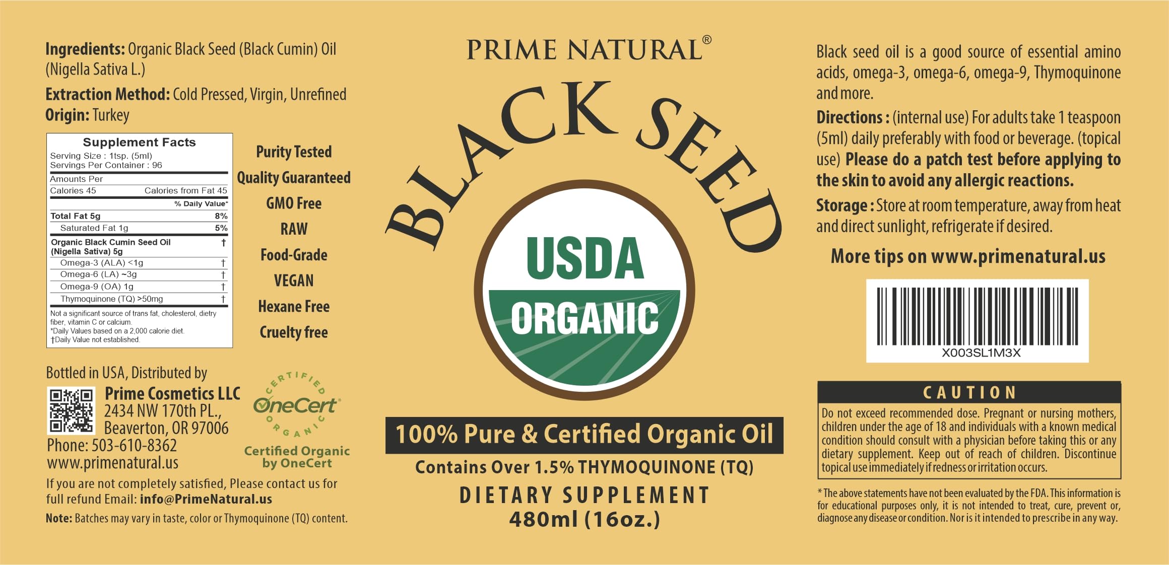 PRIME NATURAL Organic Black Seed Oil Cold Pressed Black Cumin Seed Oil 16oz
