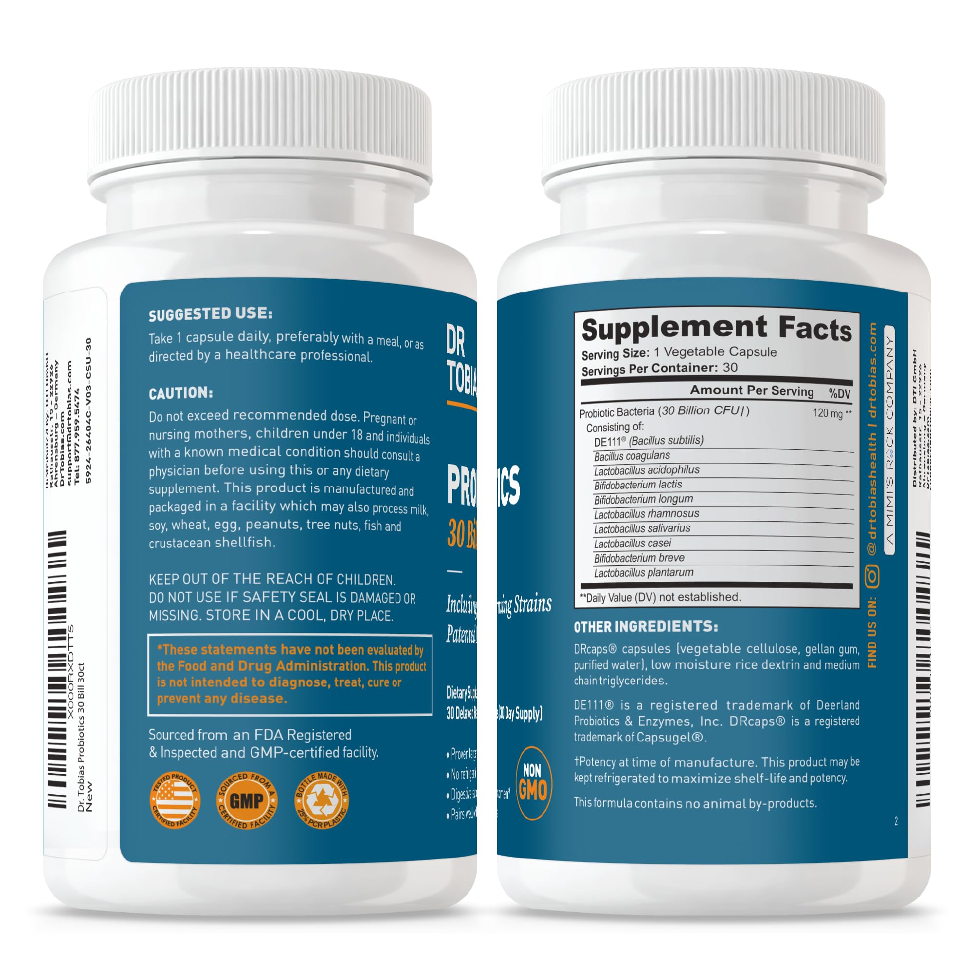 Dr. Tobias Probiotics 30 Billion CFU 30 Capsules | Gut Health Support