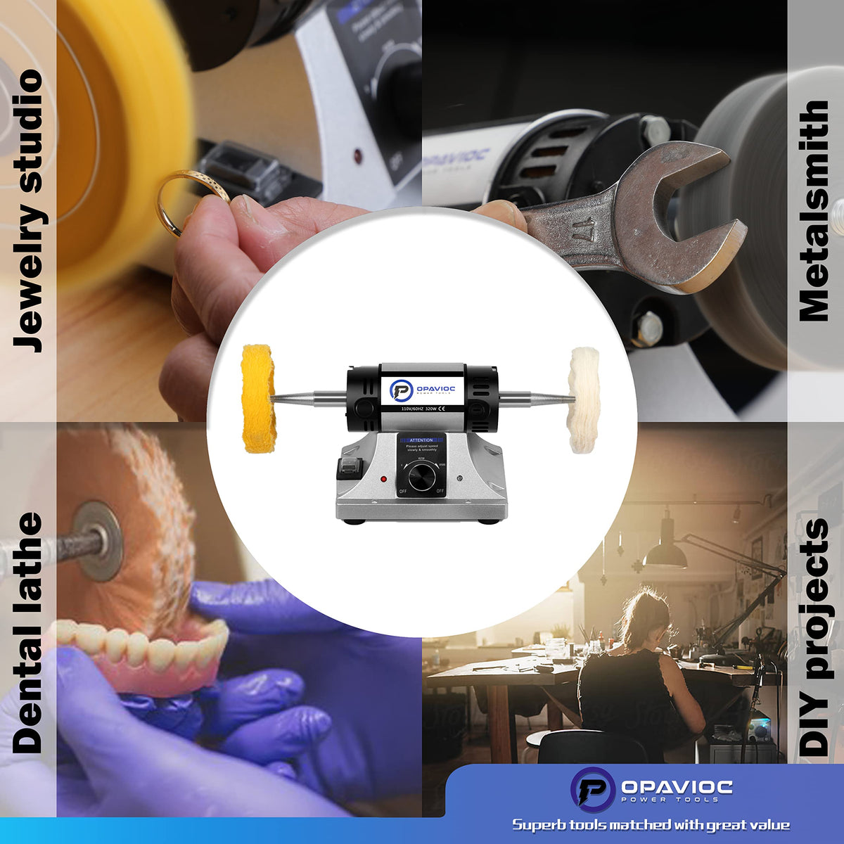 OPAVIOC Jewelry Polisher - Adjustable Variable Speed Bench Grinder Polishing & Buffing Machine, Dental Buffer & Lathe - 