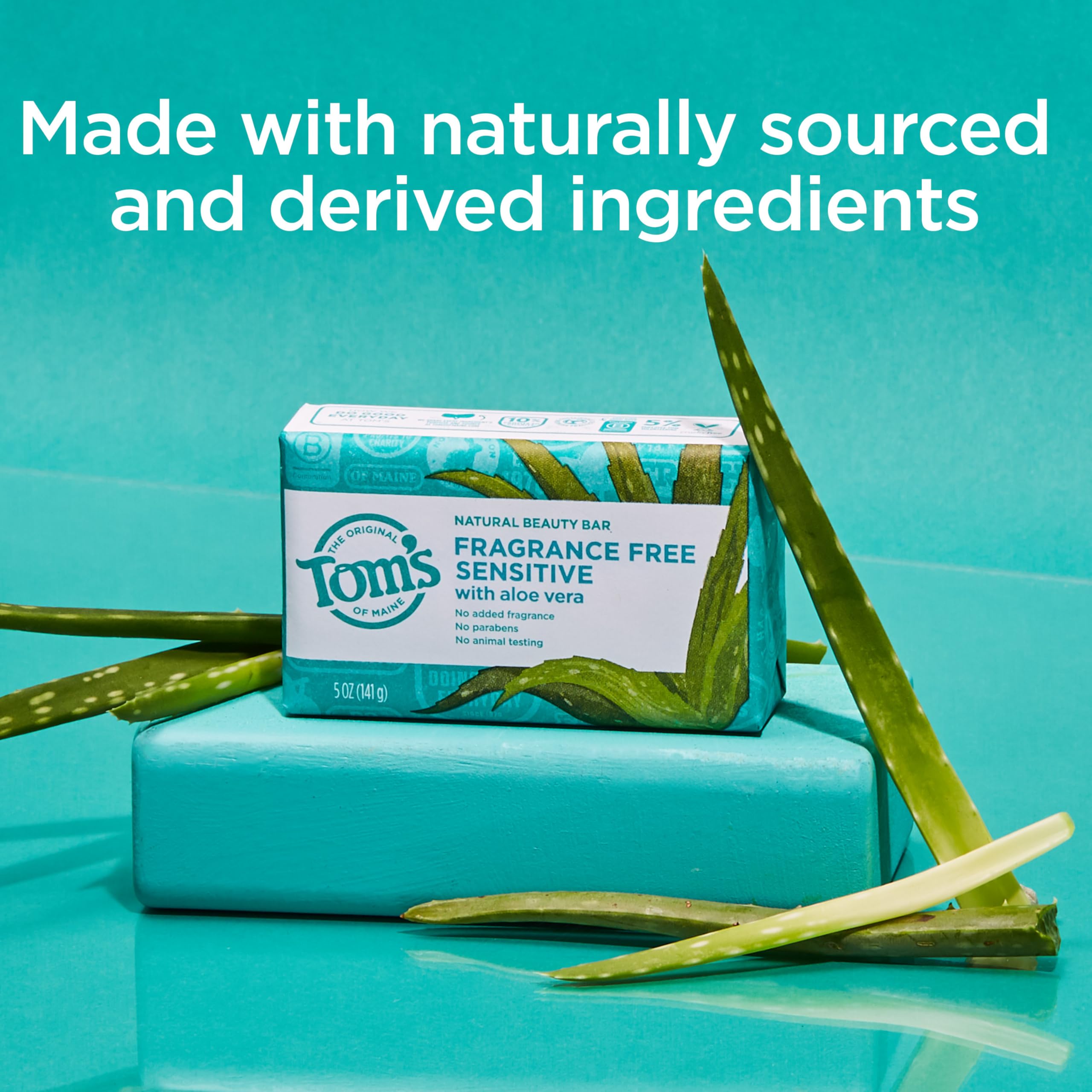 Tom's of Maine Natural Beauty Bar Soap, fragrance-free 5 oz, displayed in a six-pack, ideal for gentle skin cleansing.