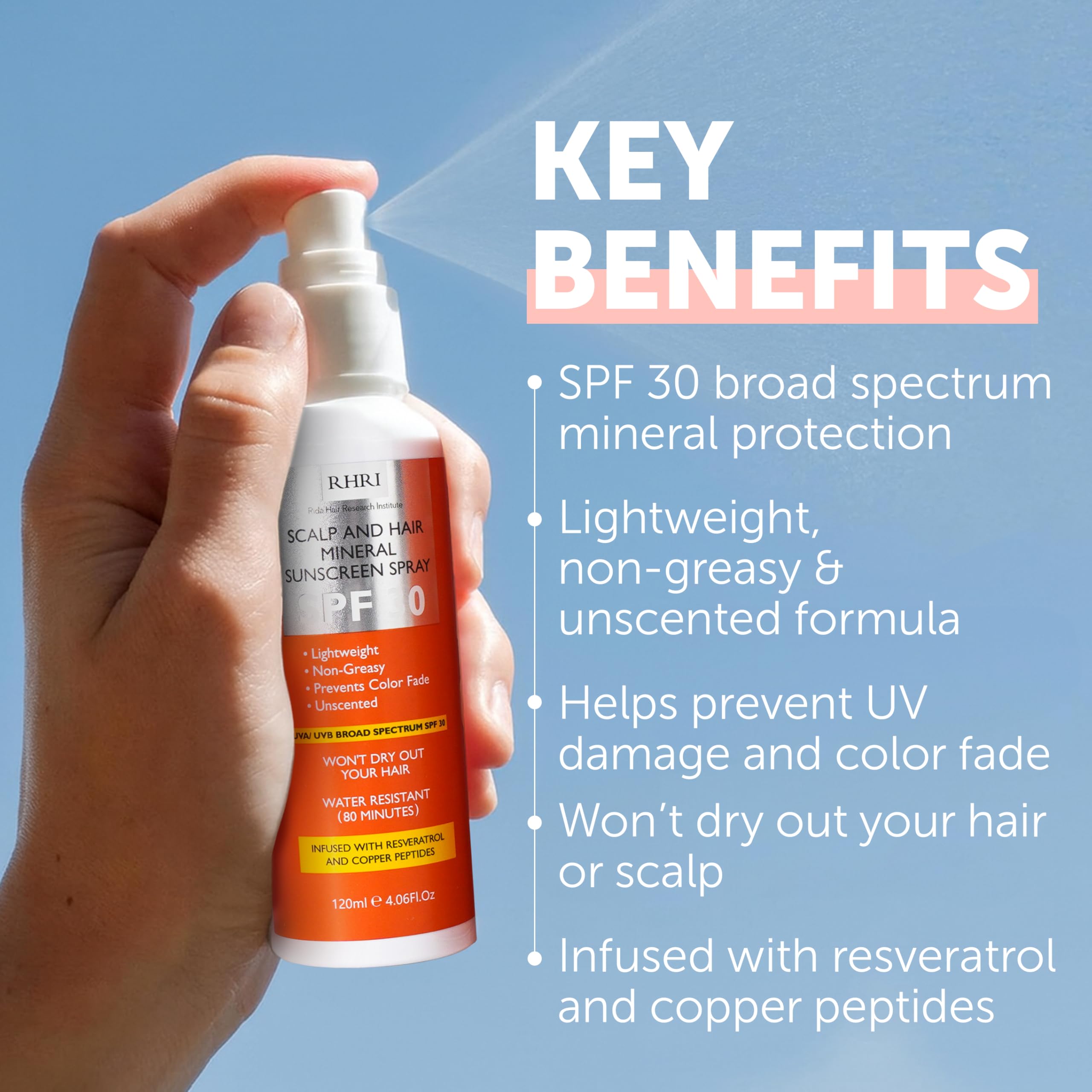 Rida Hair Research Institute SPF 30 Hair Sunscreen Spray bottle for scalp and hair UV protection