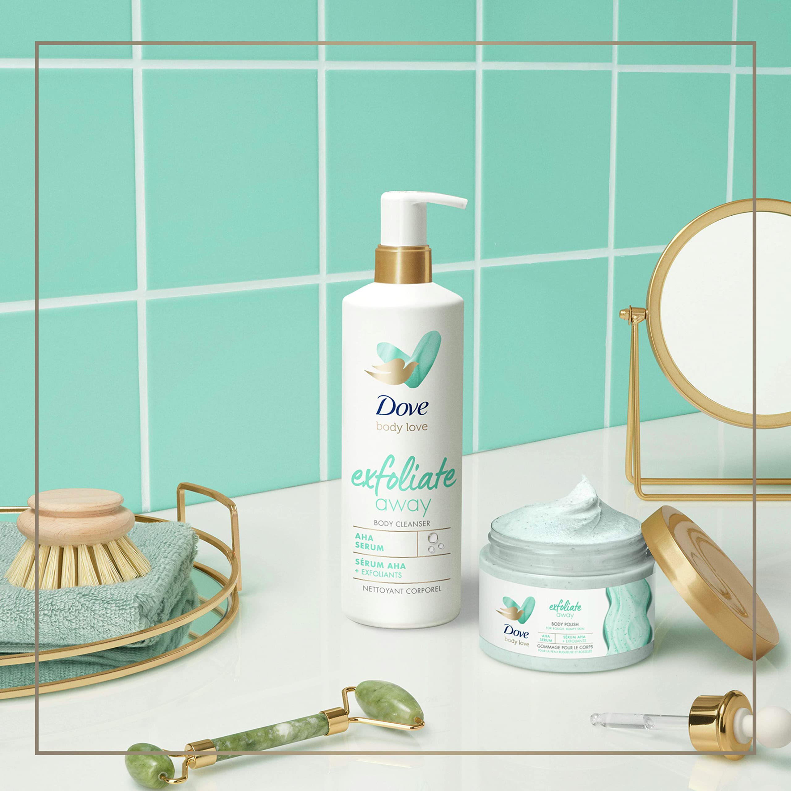 Dove Exfoliate Away Body Polish 3-pack with 12oz jars, AHA scrub for smooth, refreshed skin in natural shower setting