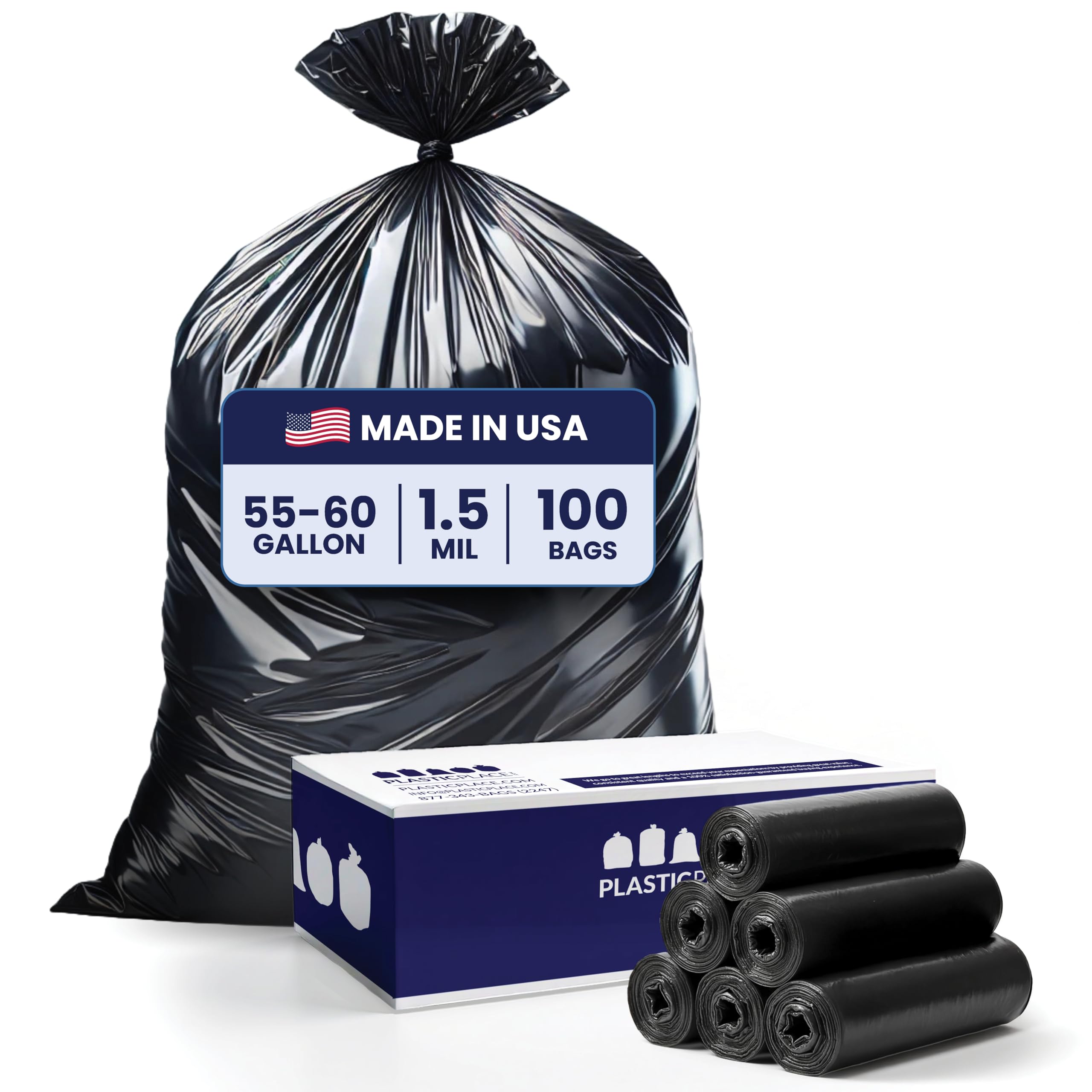 Plasticplace 55-60 Gallon Trash Bags, Heavy Duty, Black Garbage - Product Imagery