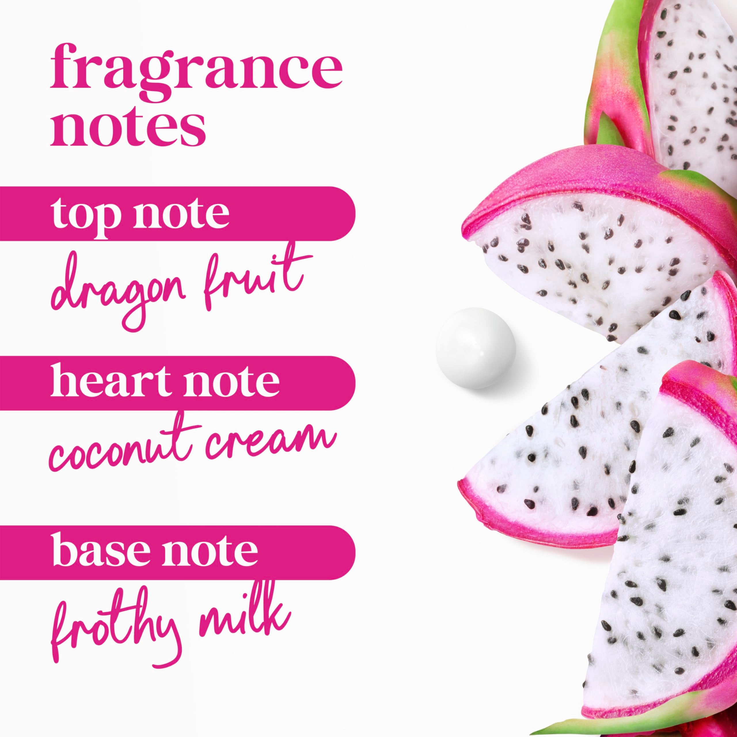 Dove Dragon Fruit & Coconut Cream Body Wash 4-pack bottles with colorful labels and floral accents.